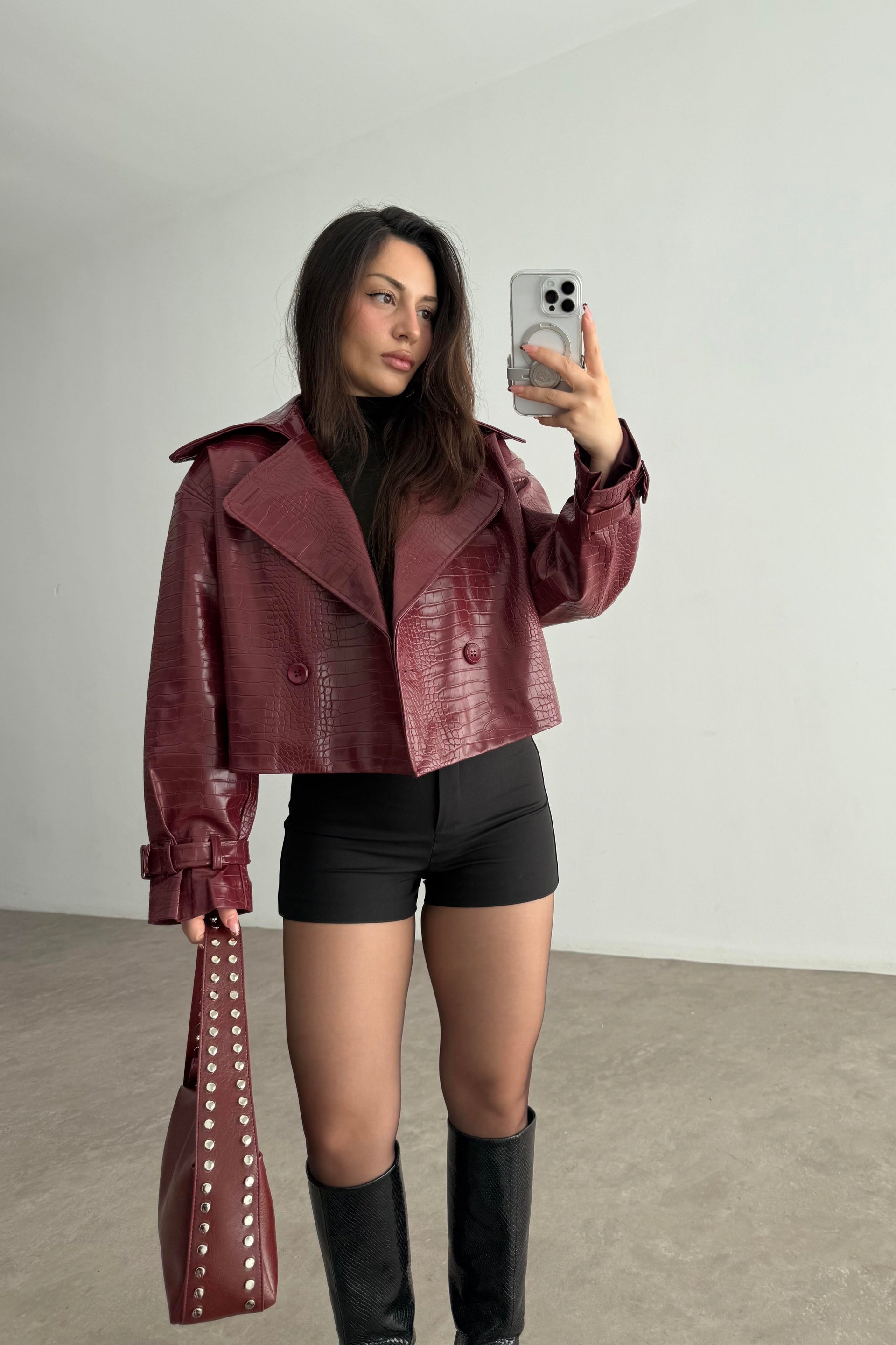 Premium Croko Bordo Deri Ceket