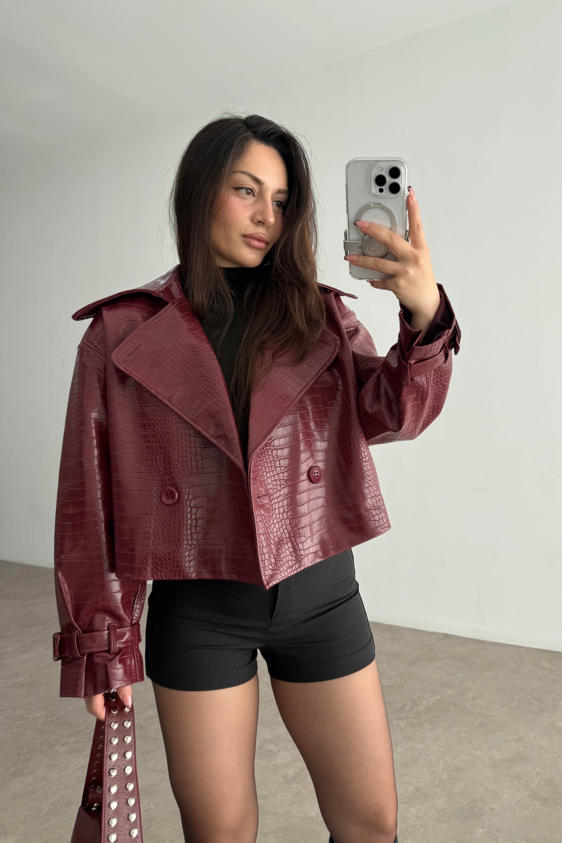 Premium Croko Bordo Deri Ceket