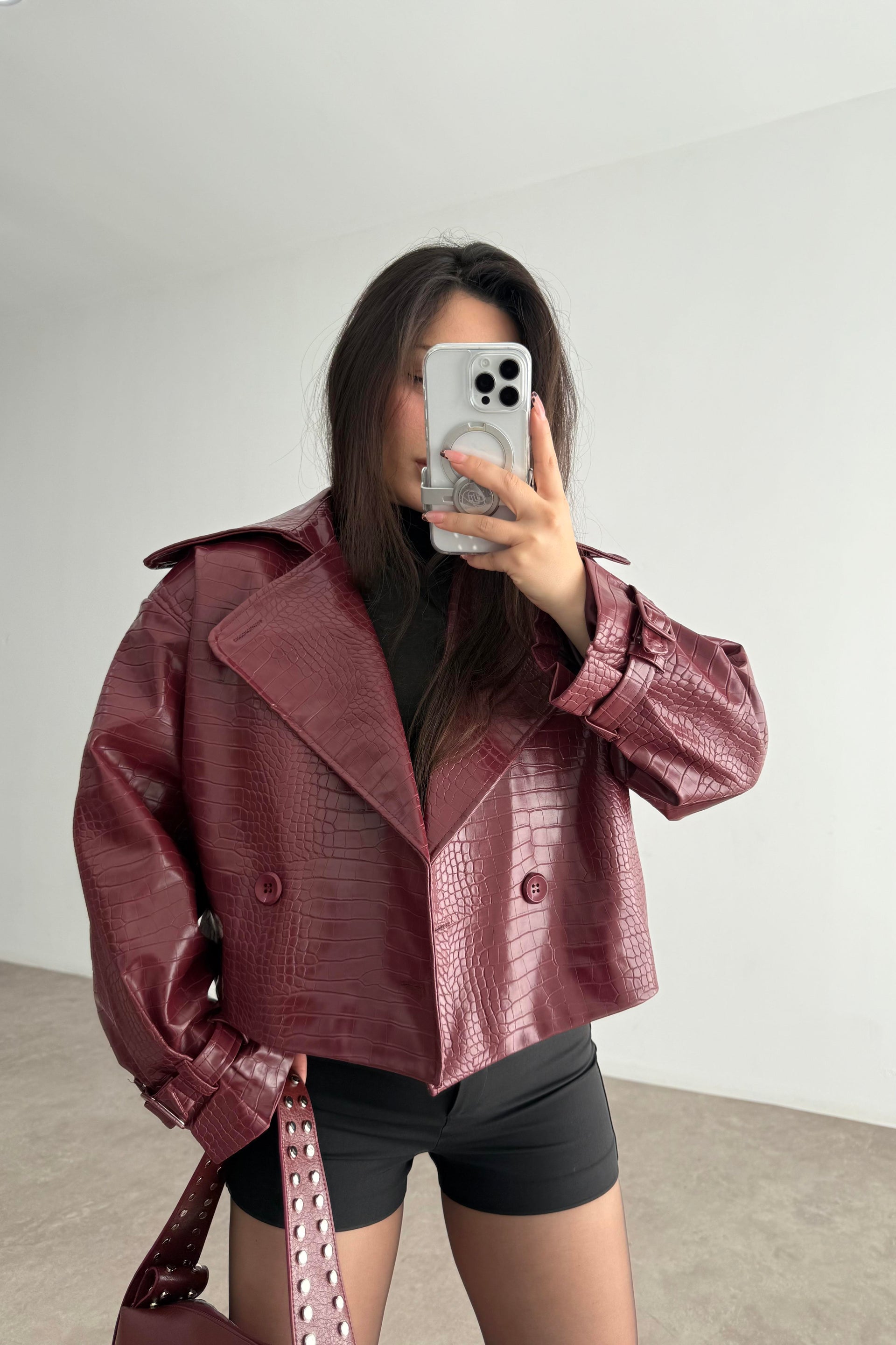 Premium Croko Bordo Deri Ceket