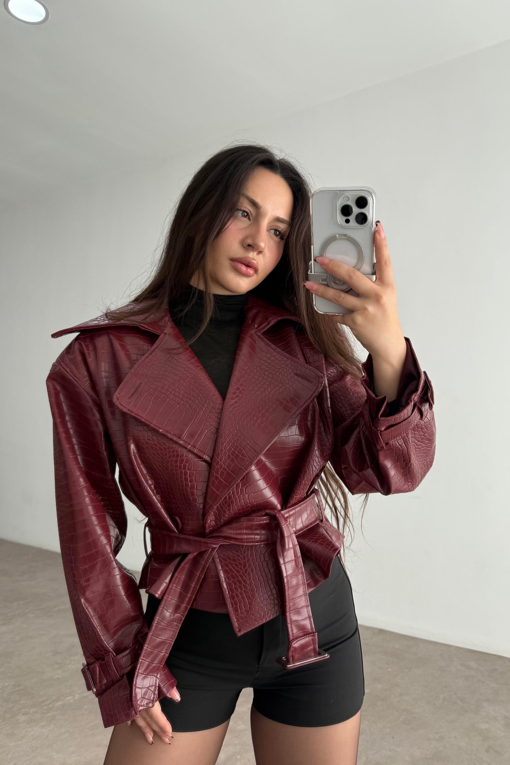 Premium Croko Bordo Deri Ceket