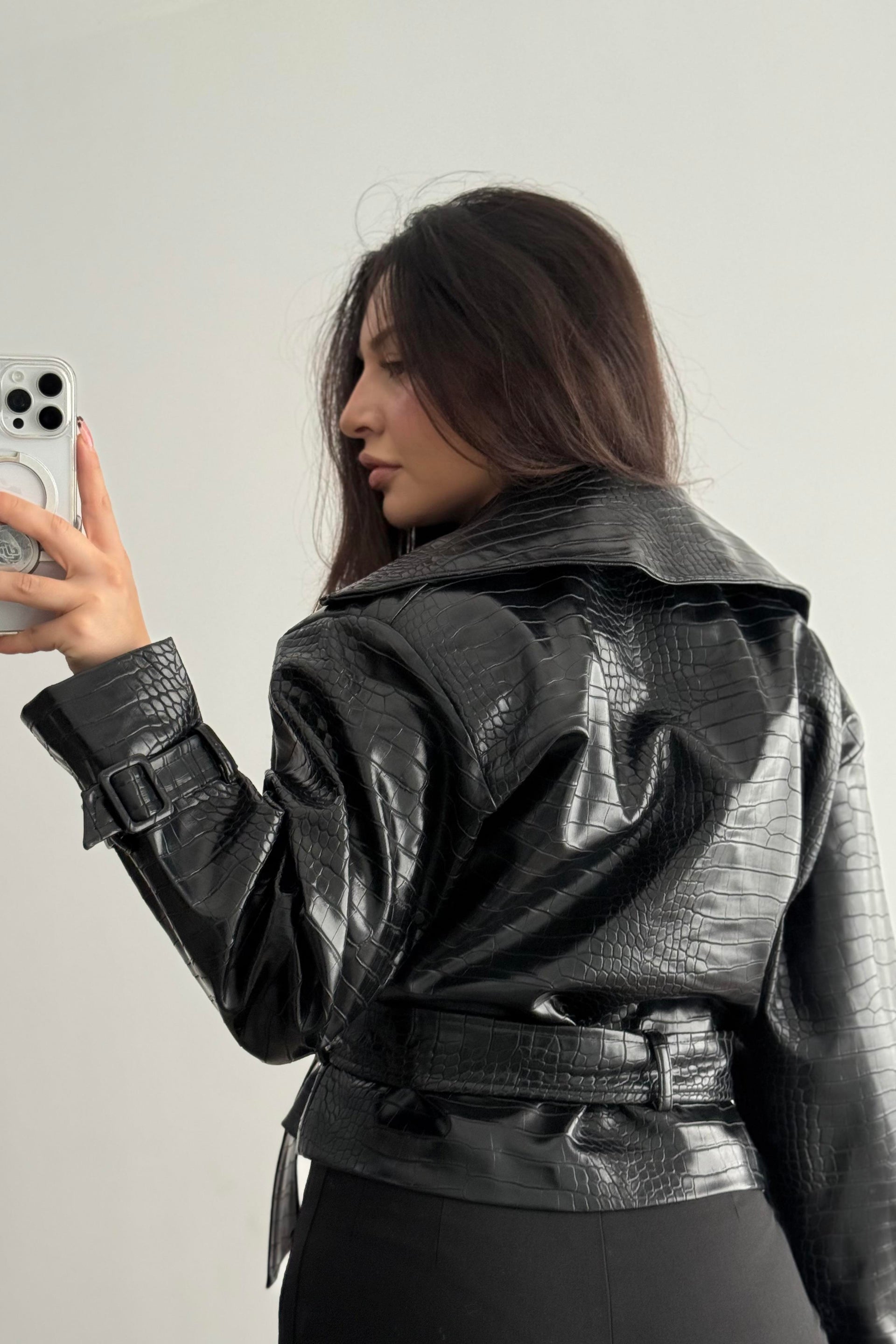 Premium Croko Siyah Deri Ceket