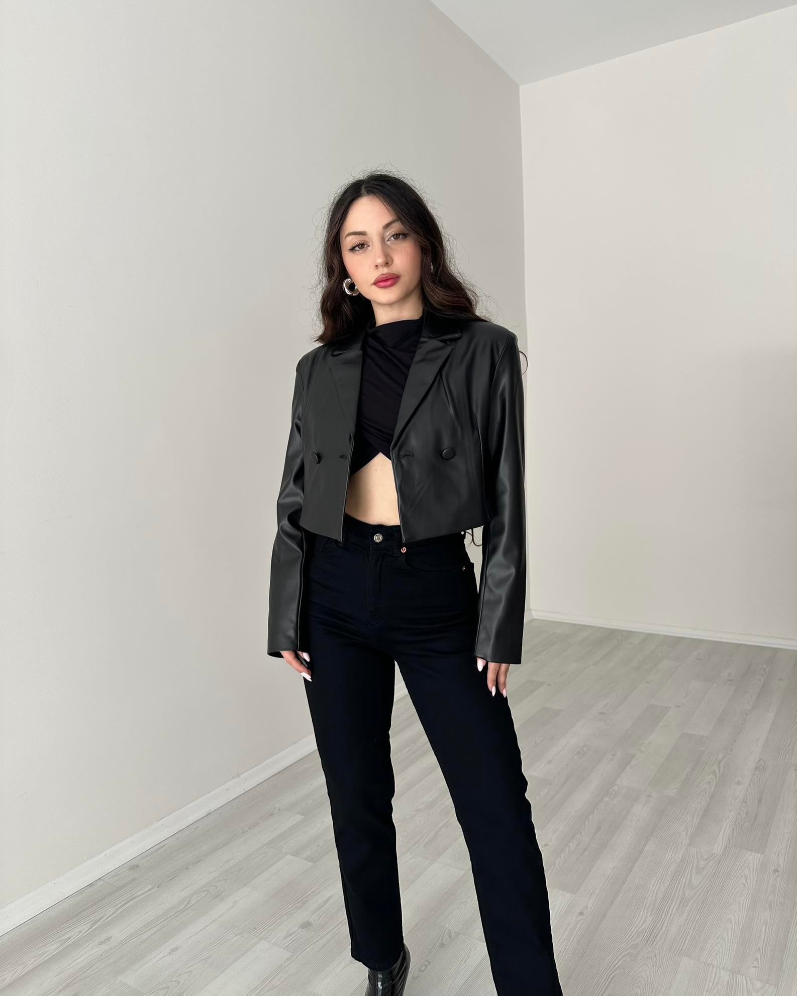 Premium Deri Kısa Blazer Ceket