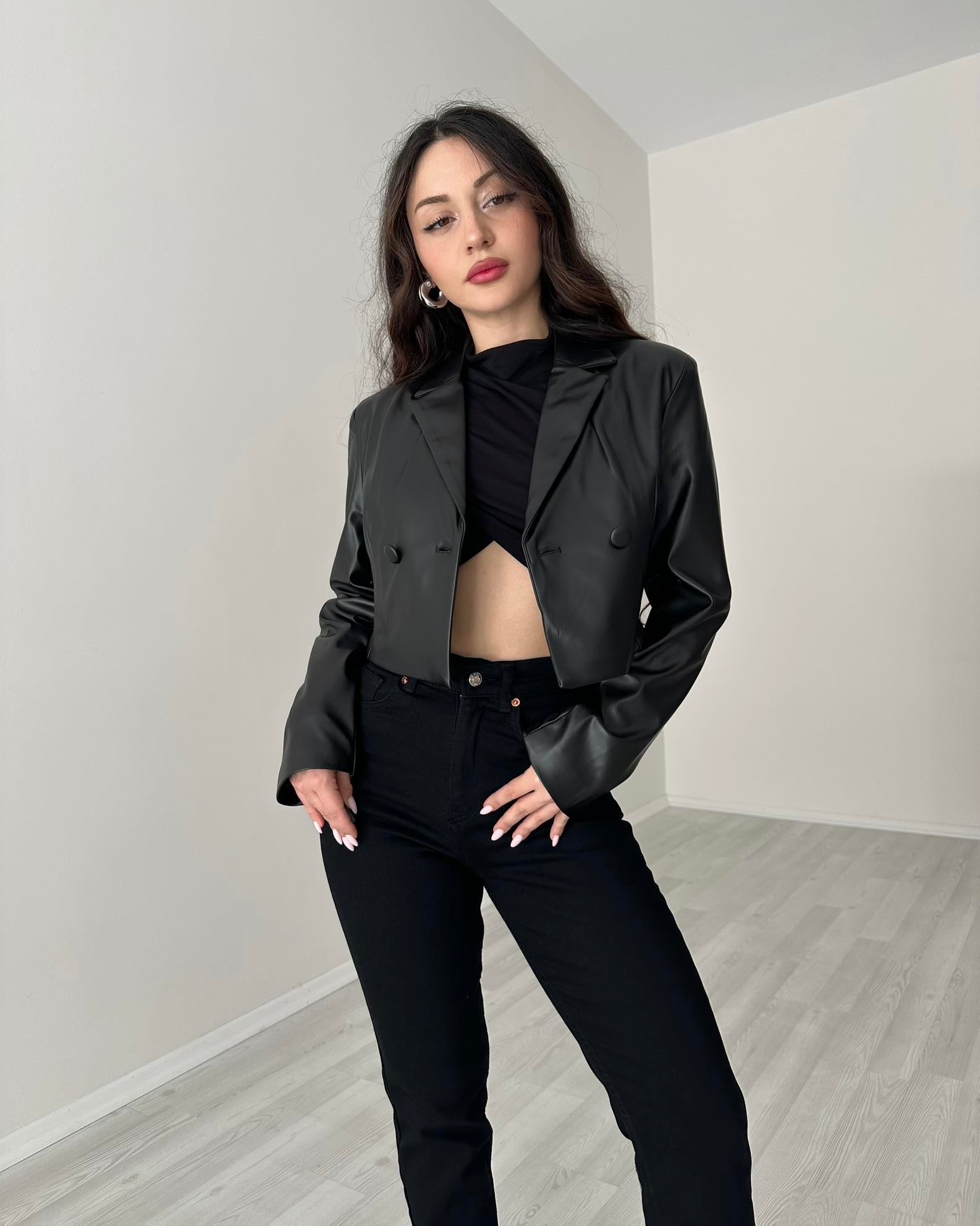 Premium Deri Kısa Blazer Ceket