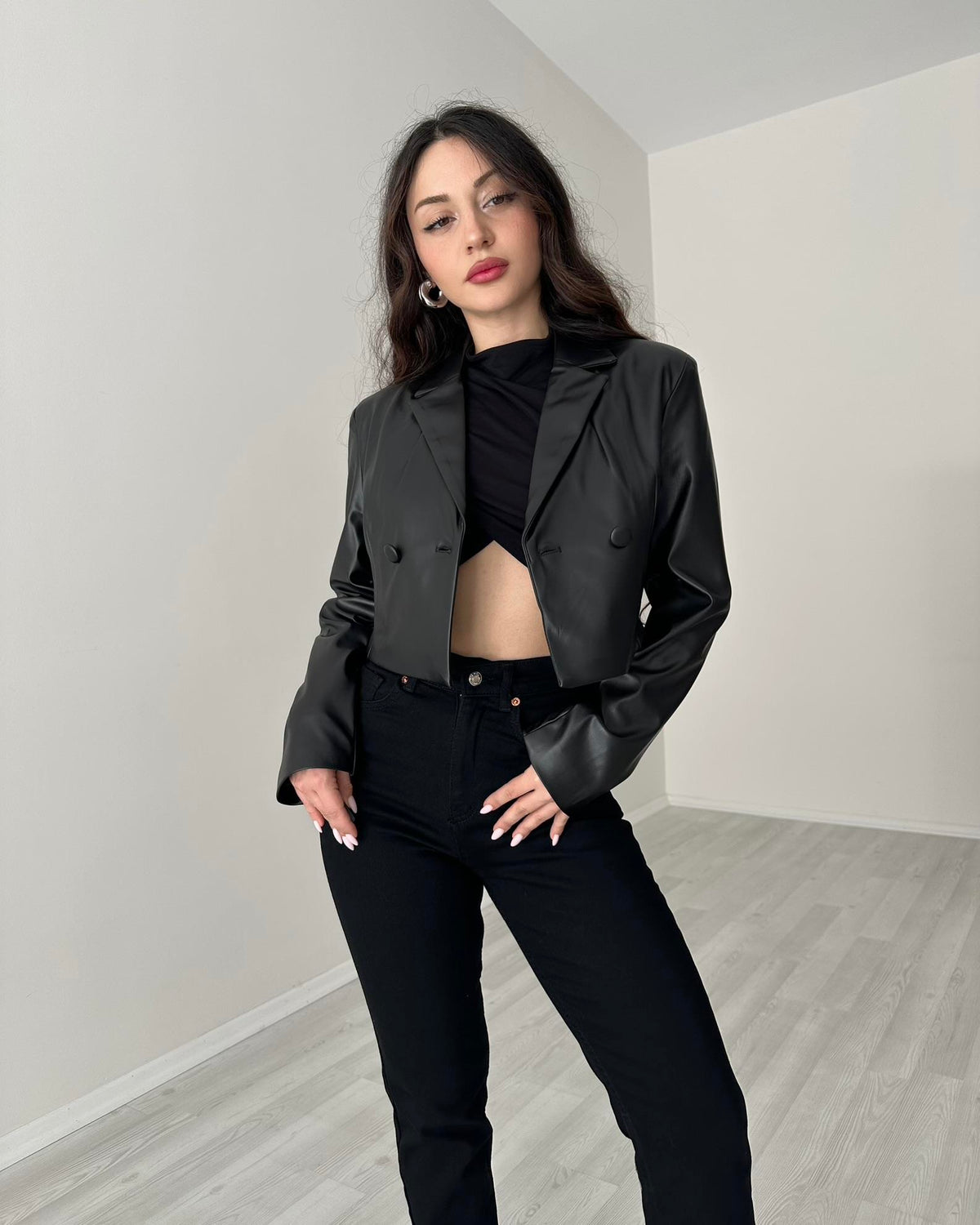 Premium Deri Kısa Blazer Ceket