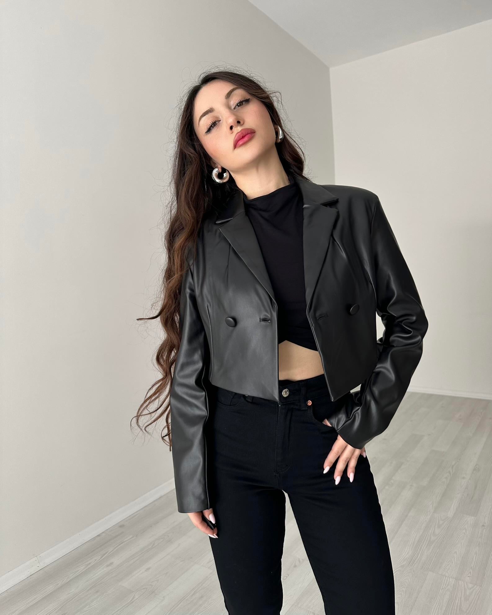 Premium Deri Kısa Blazer Ceket