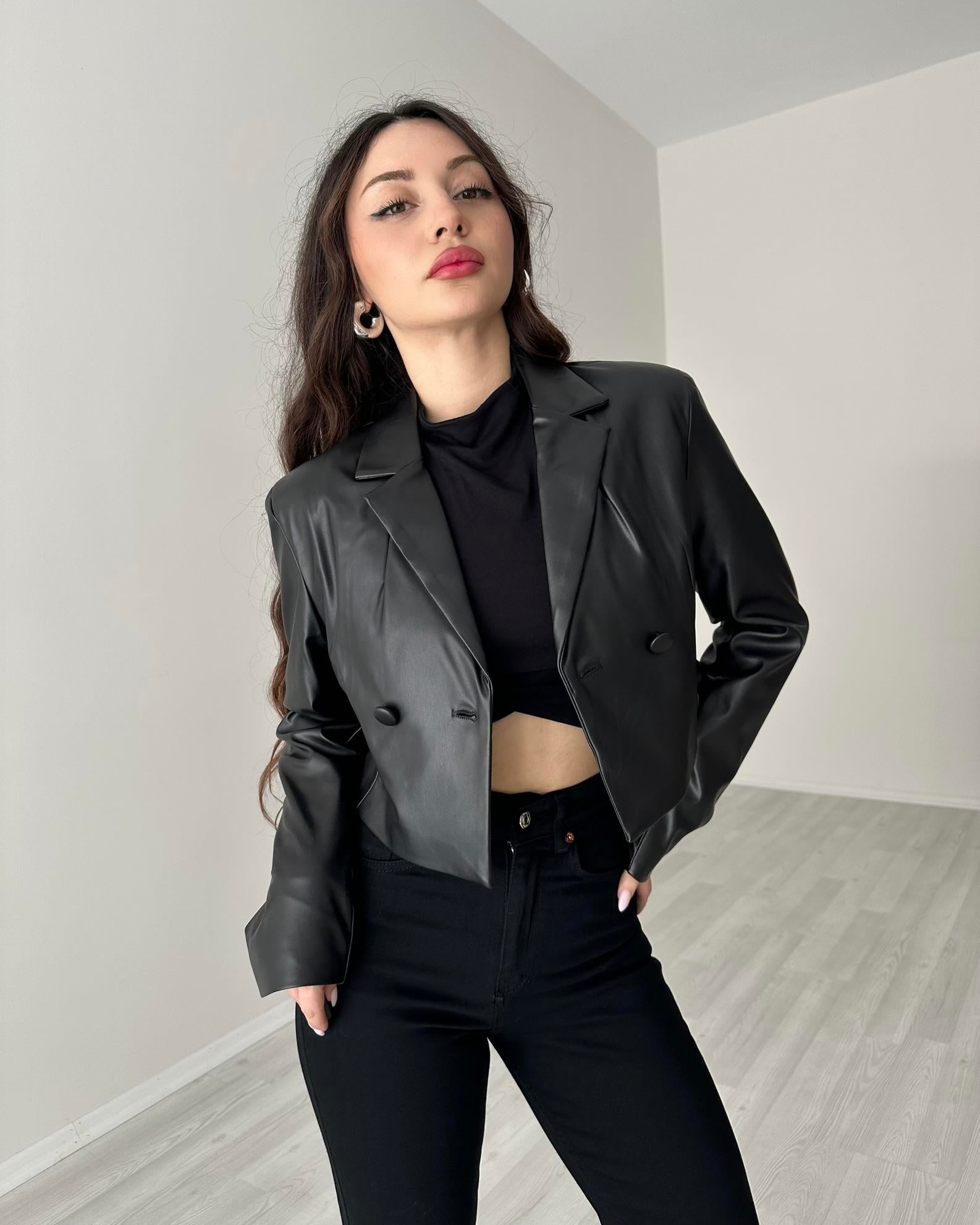 Premium Deri Kısa Blazer Ceket