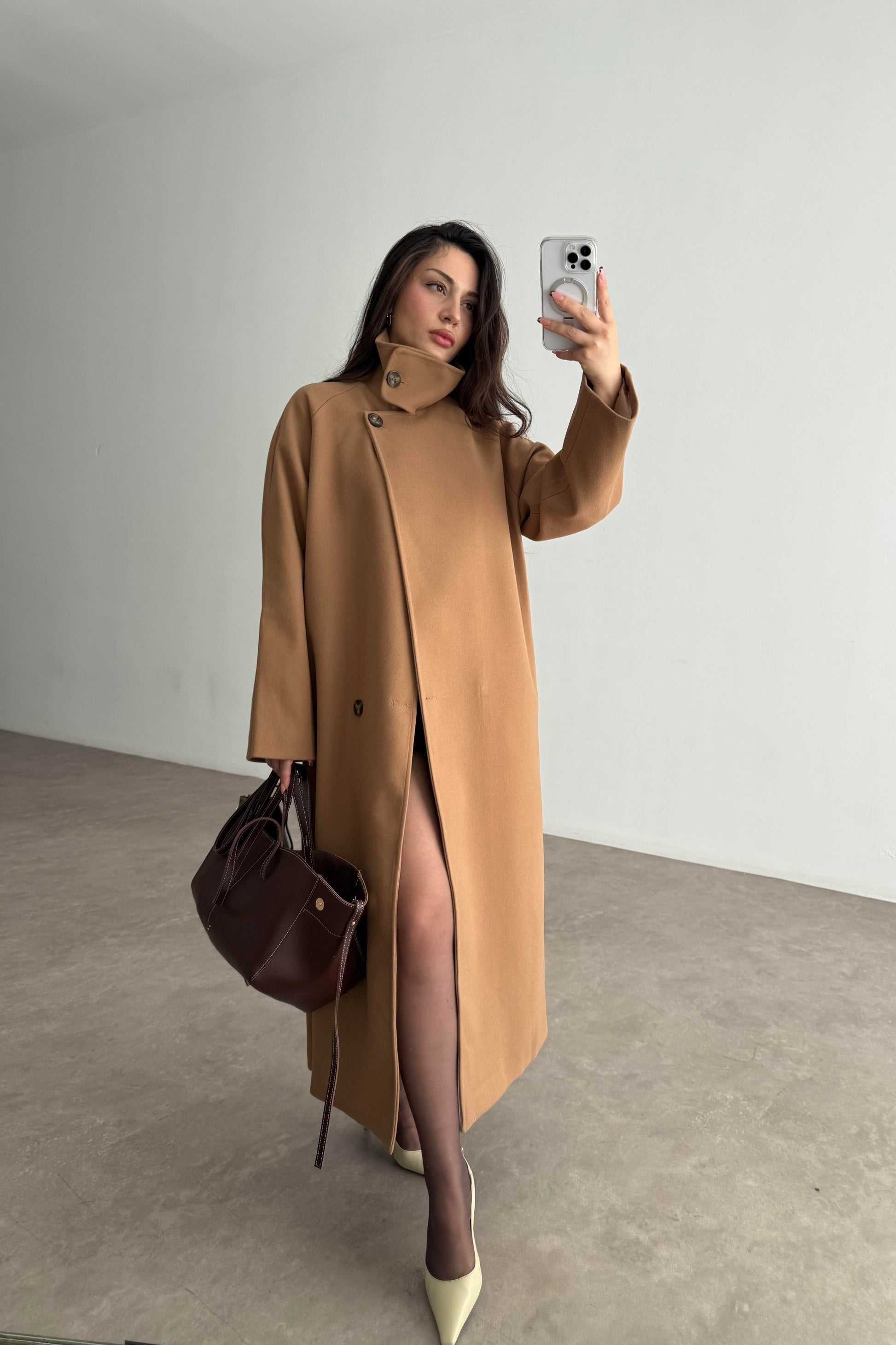 Premium Diana Dik Yakalı Kaşe Kaban Camel