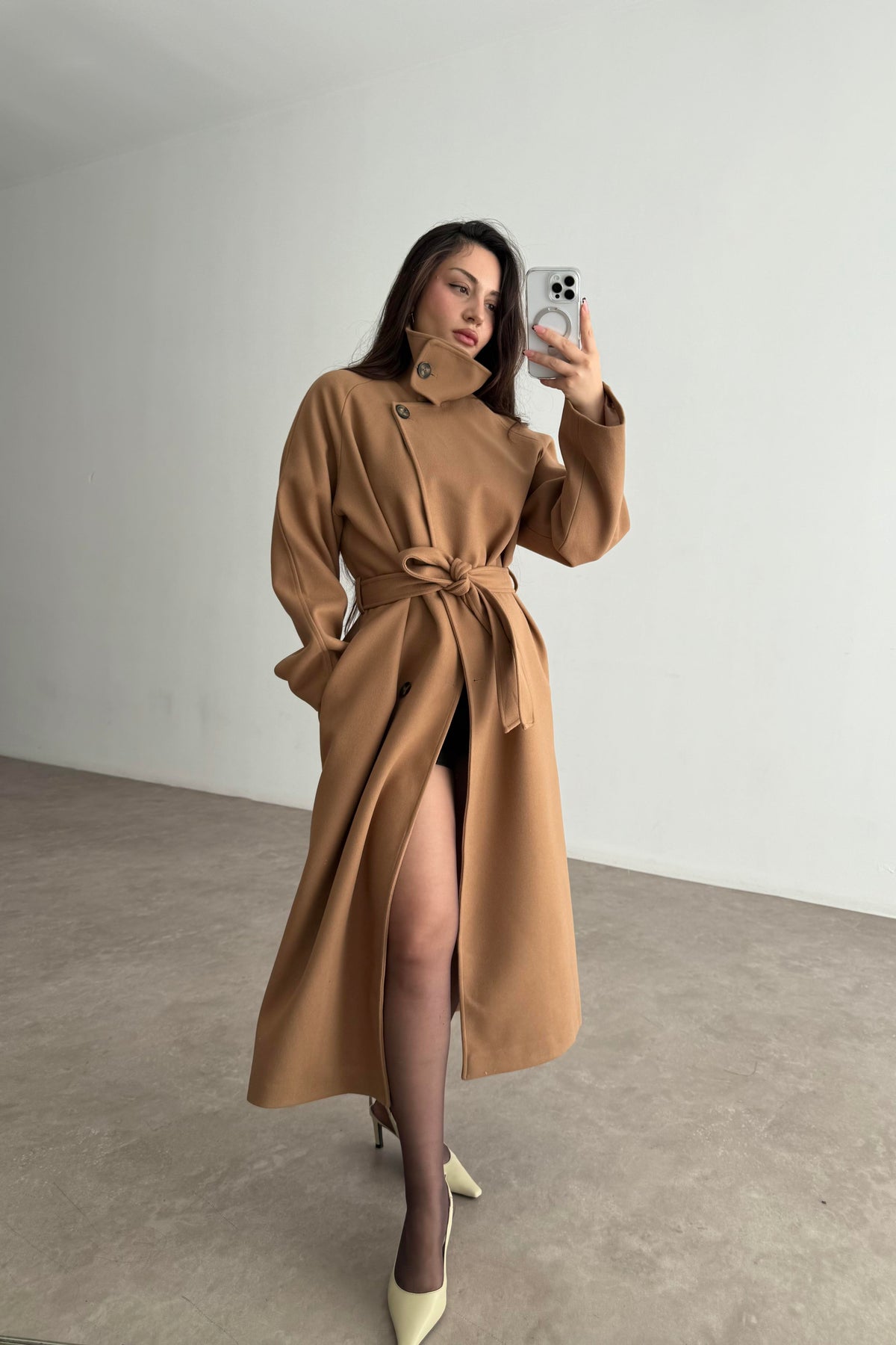 Premium Diana Dik Yakalı Kaşe Kaban Camel