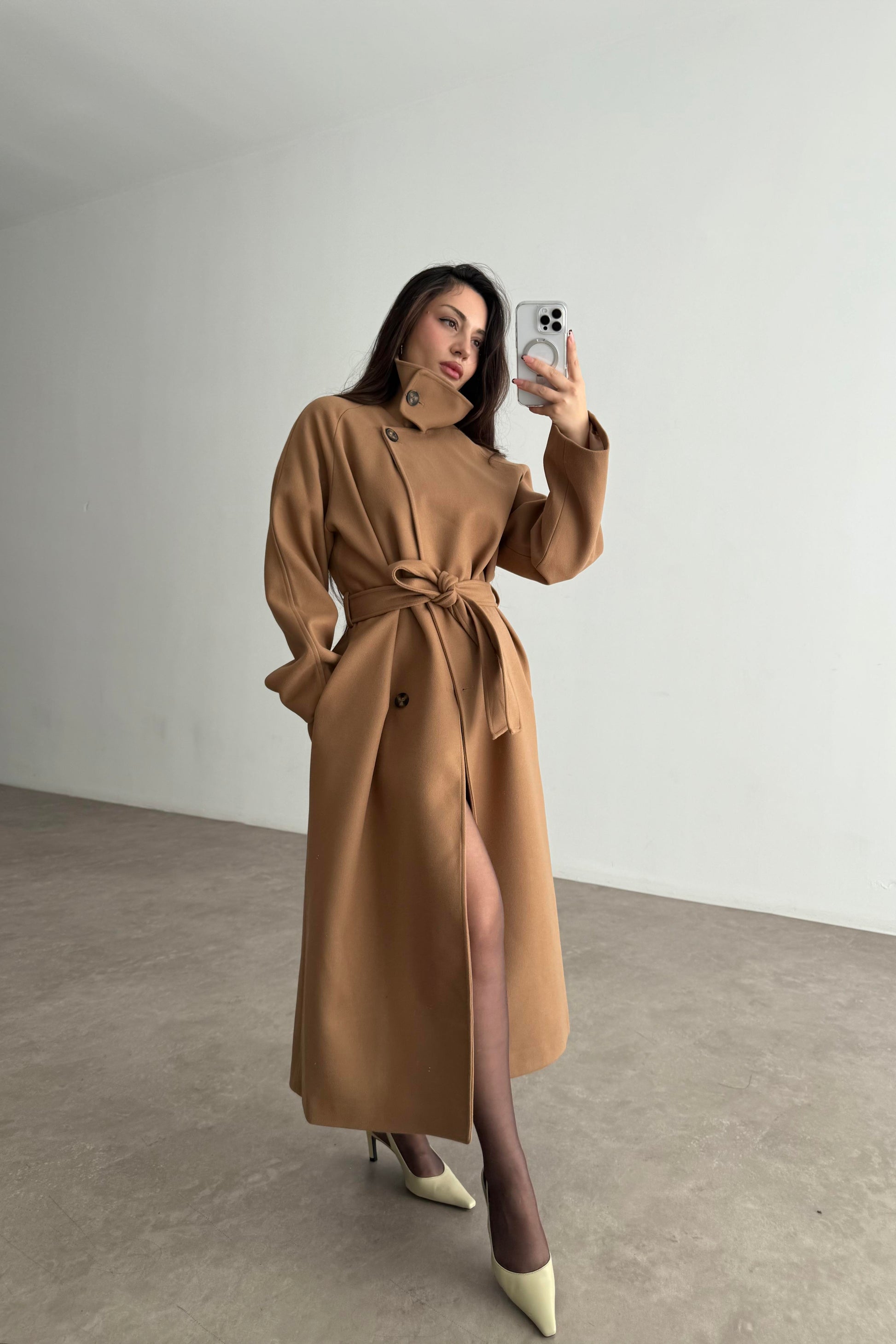 Premium Diana Dik Yakalı Kaşe Kaban Camel