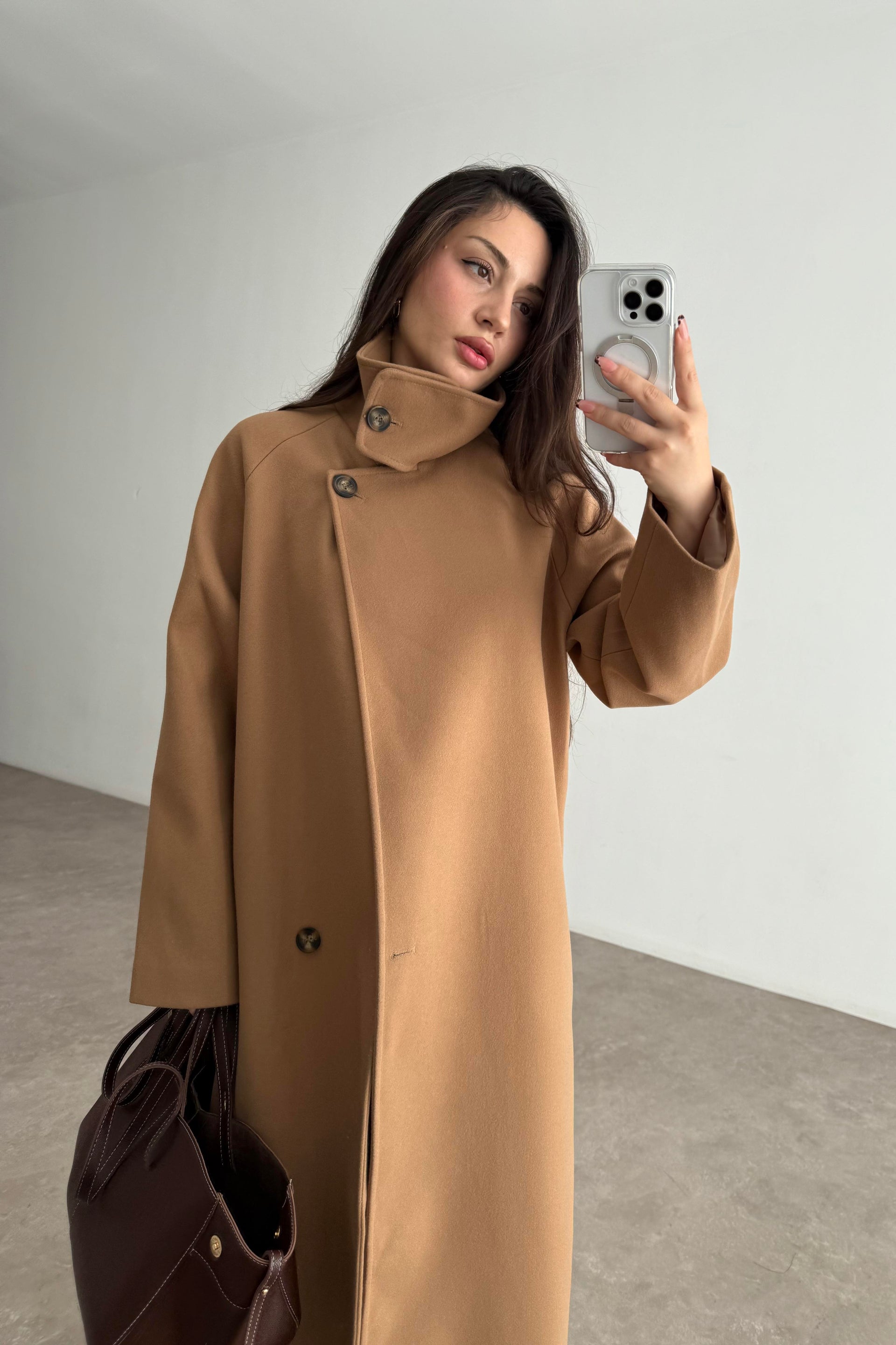 Premium Diana Dik Yakalı Kaşe Kaban Camel