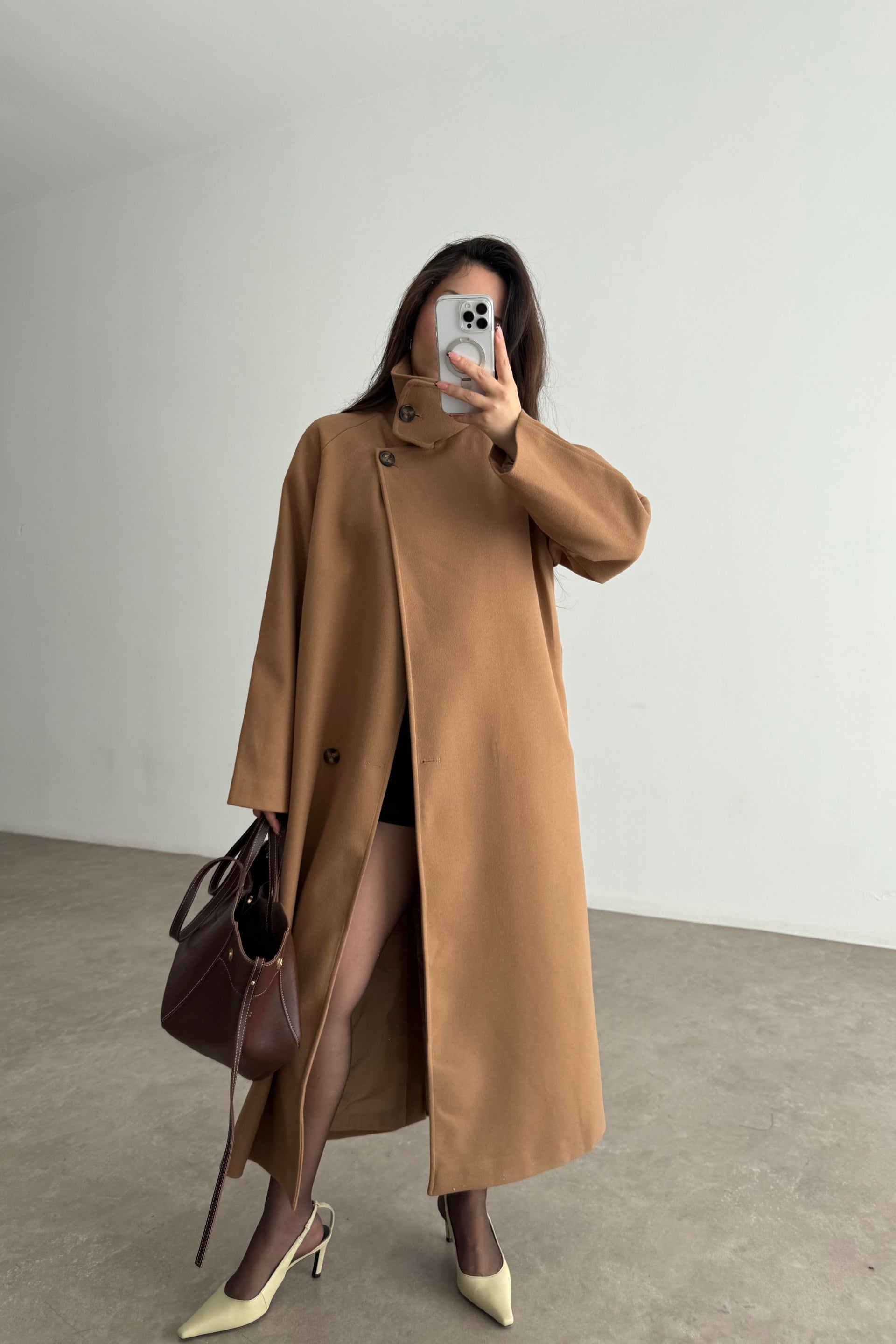 Premium Diana Dik Yakalı Kaşe Kaban Camel