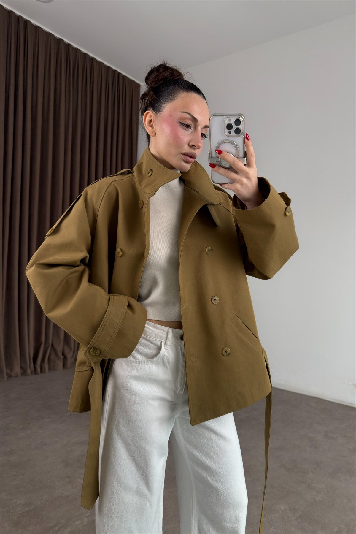 Premium Dik Yaka Kruvaze Kemerli Kısa Olive Trençkot