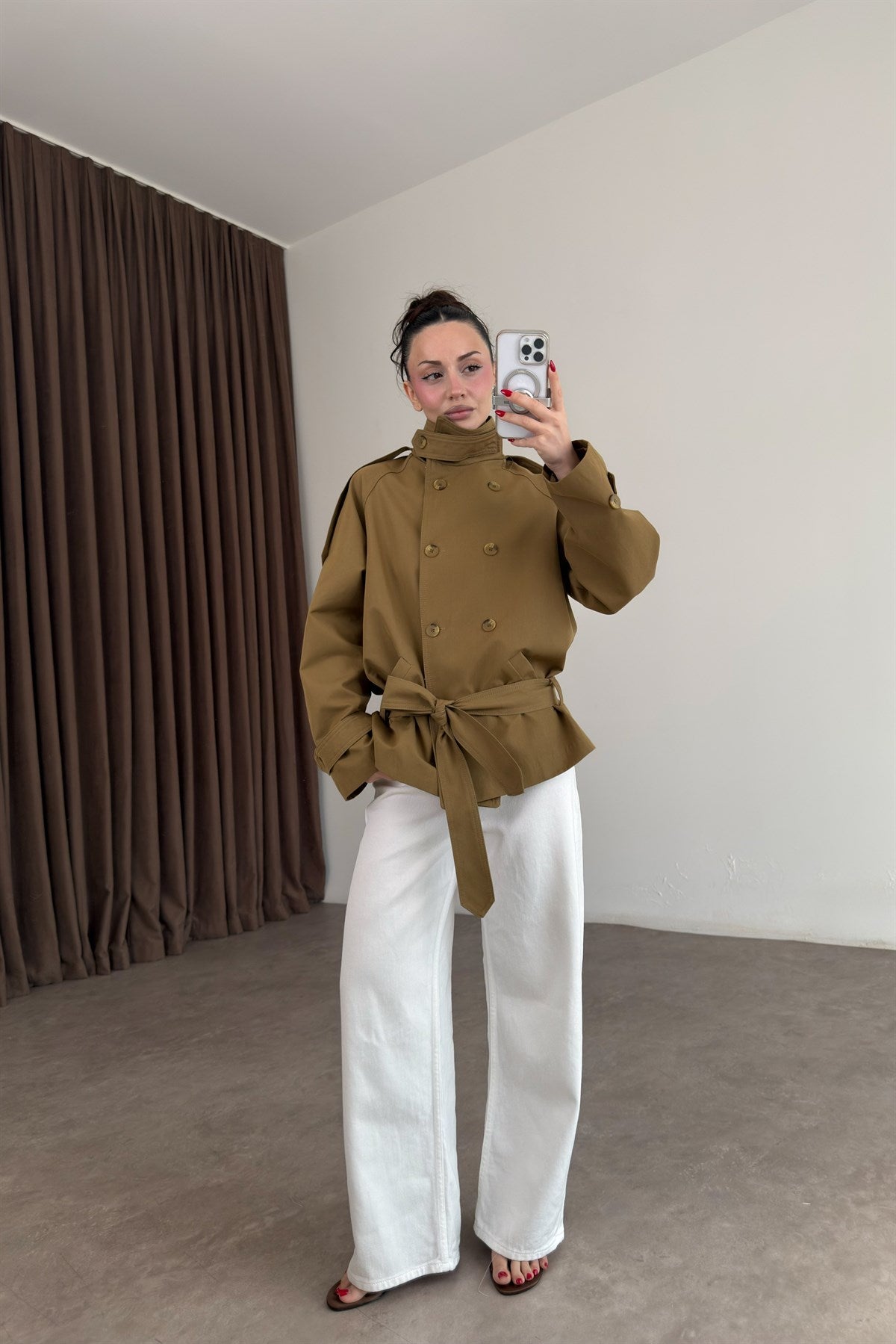 Premium Dik Yaka Kruvaze Kemerli Kısa Olive Trençkot
