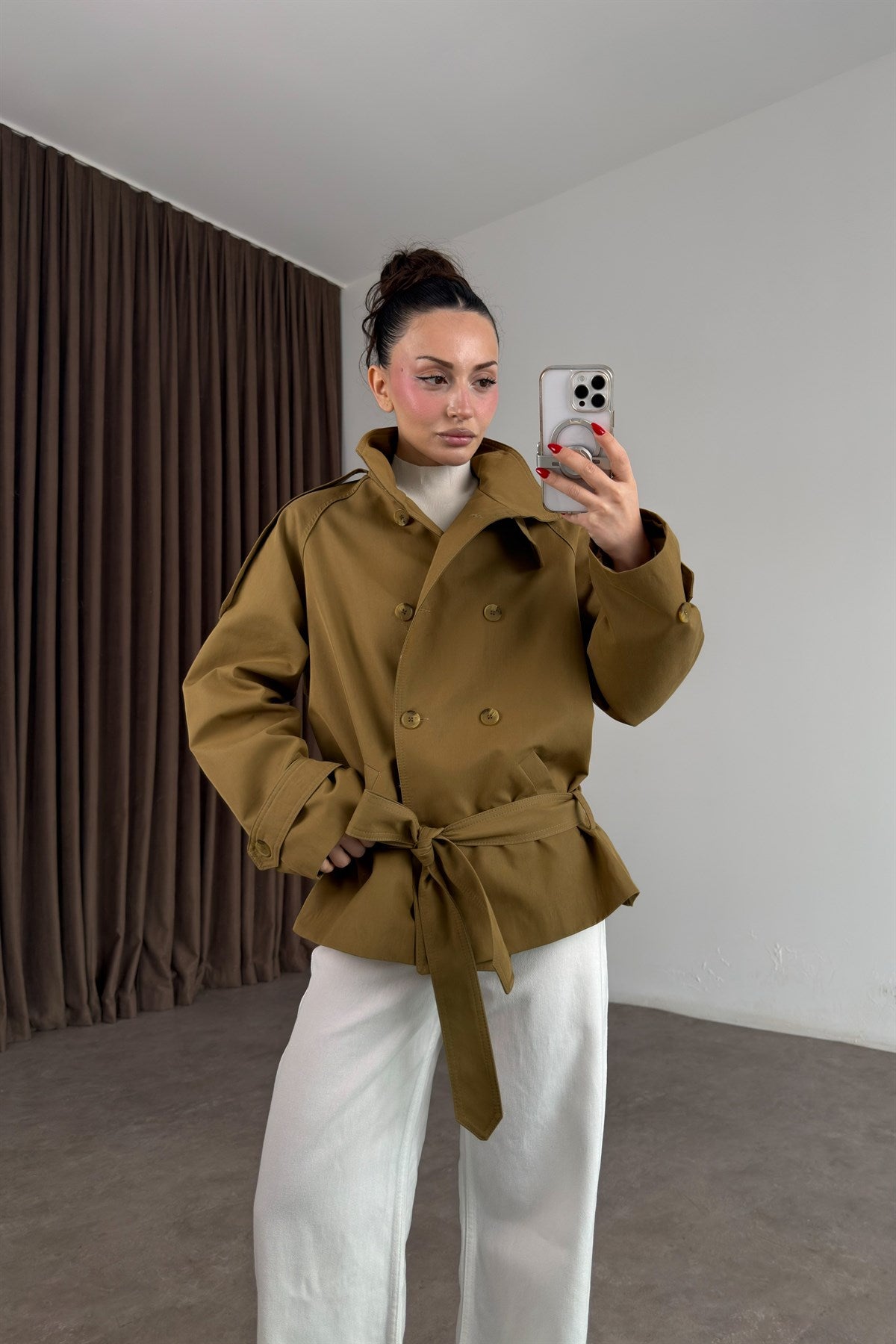Premium Dik Yaka Kruvaze Kemerli Kısa Olive Trençkot