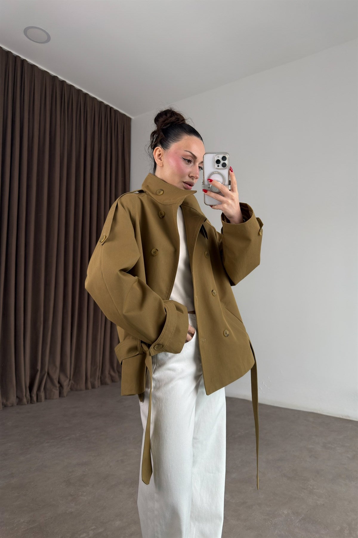 Premium Dik Yaka Kruvaze Kemerli Kısa Olive Trençkot