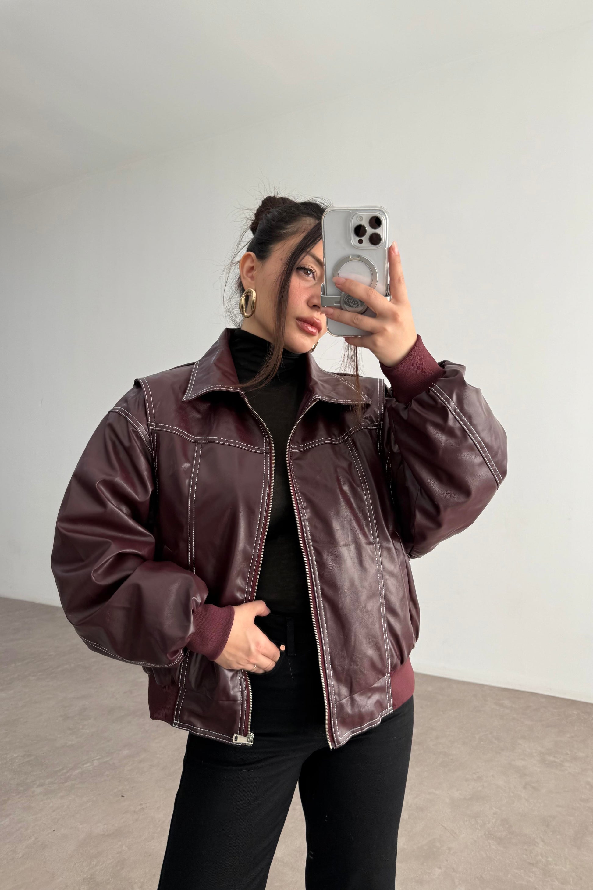 Premium Dikiş Detaylı Bomber Deri Bordo Mont