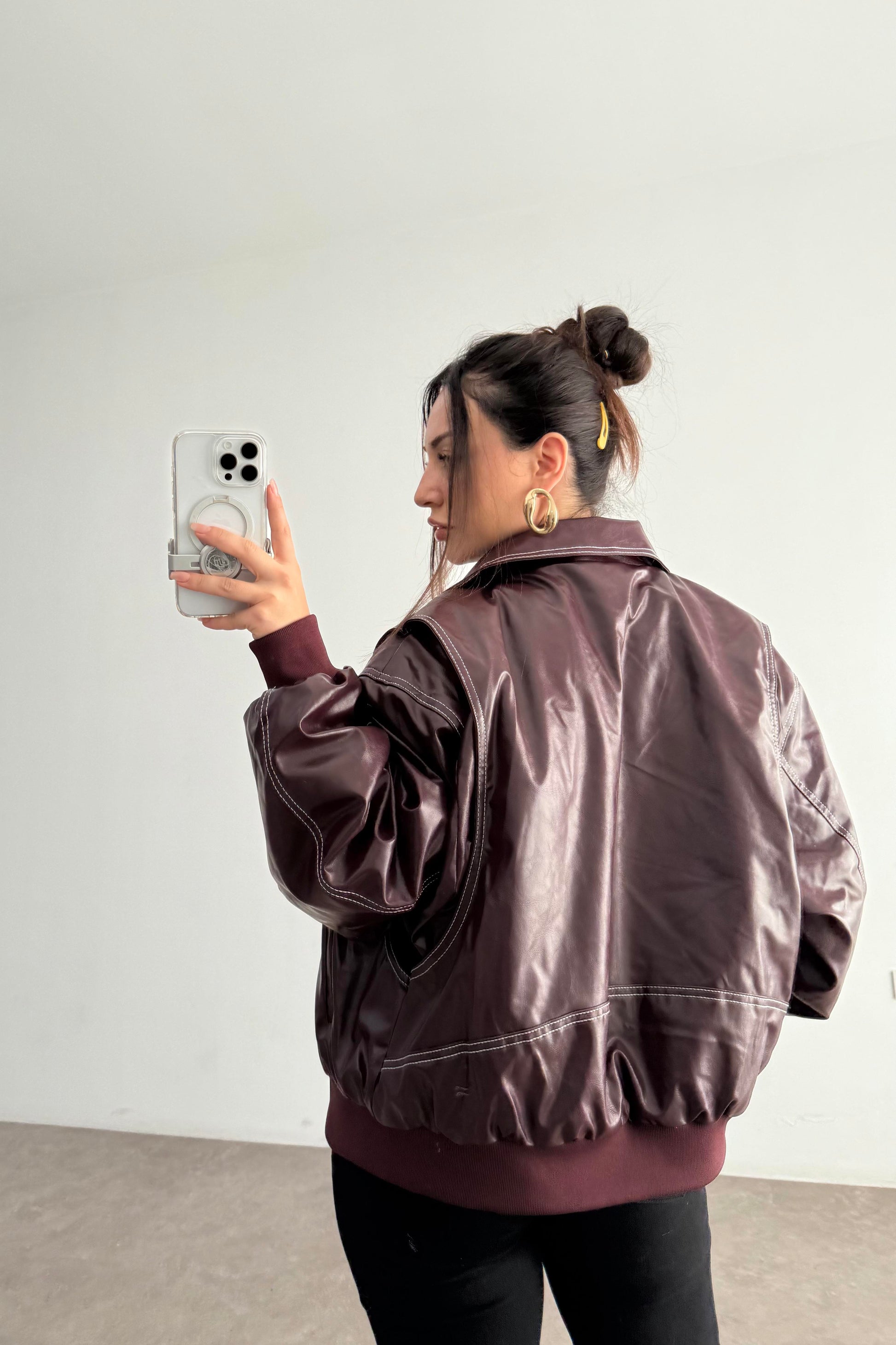 Premium Dikiş Detaylı Bomber Deri Bordo Mont