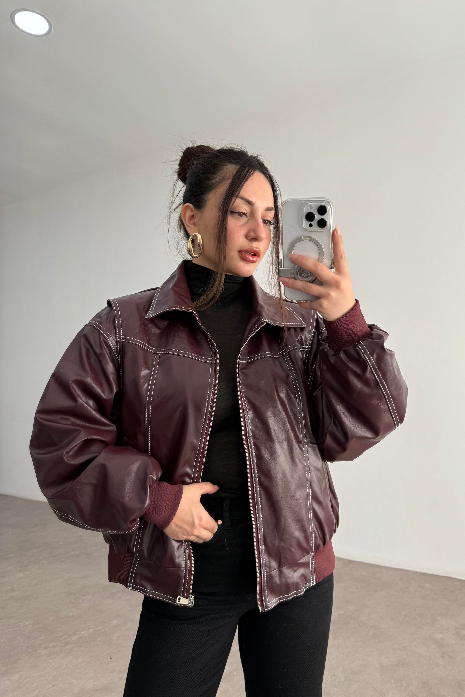 Premium Dikiş Detaylı Bomber Deri Bordo Mont
