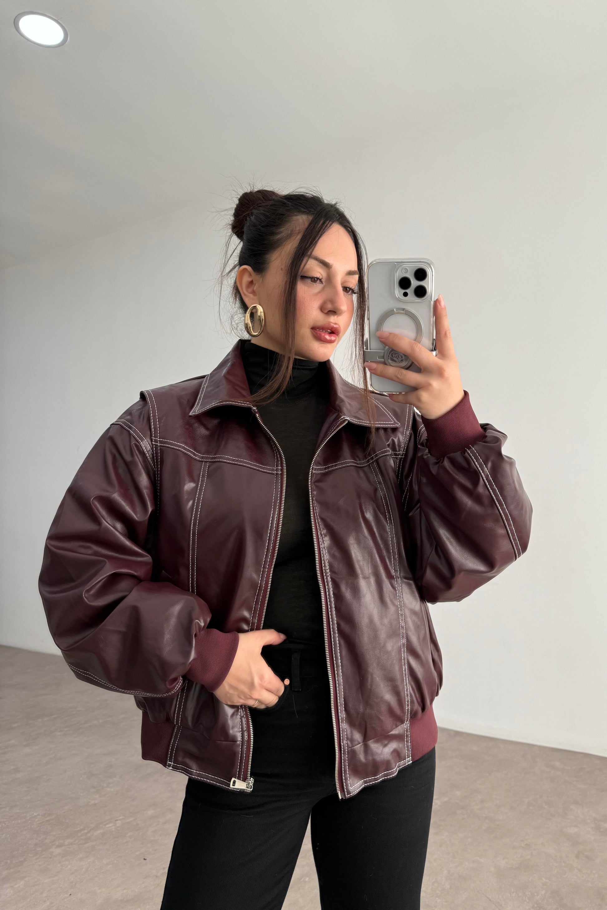 Premium Dikiş Detaylı Bomber Deri Bordo Mont