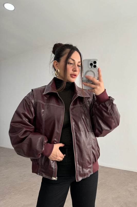 Premium Dikiş Detaylı Bomber Deri Bordo Mont
