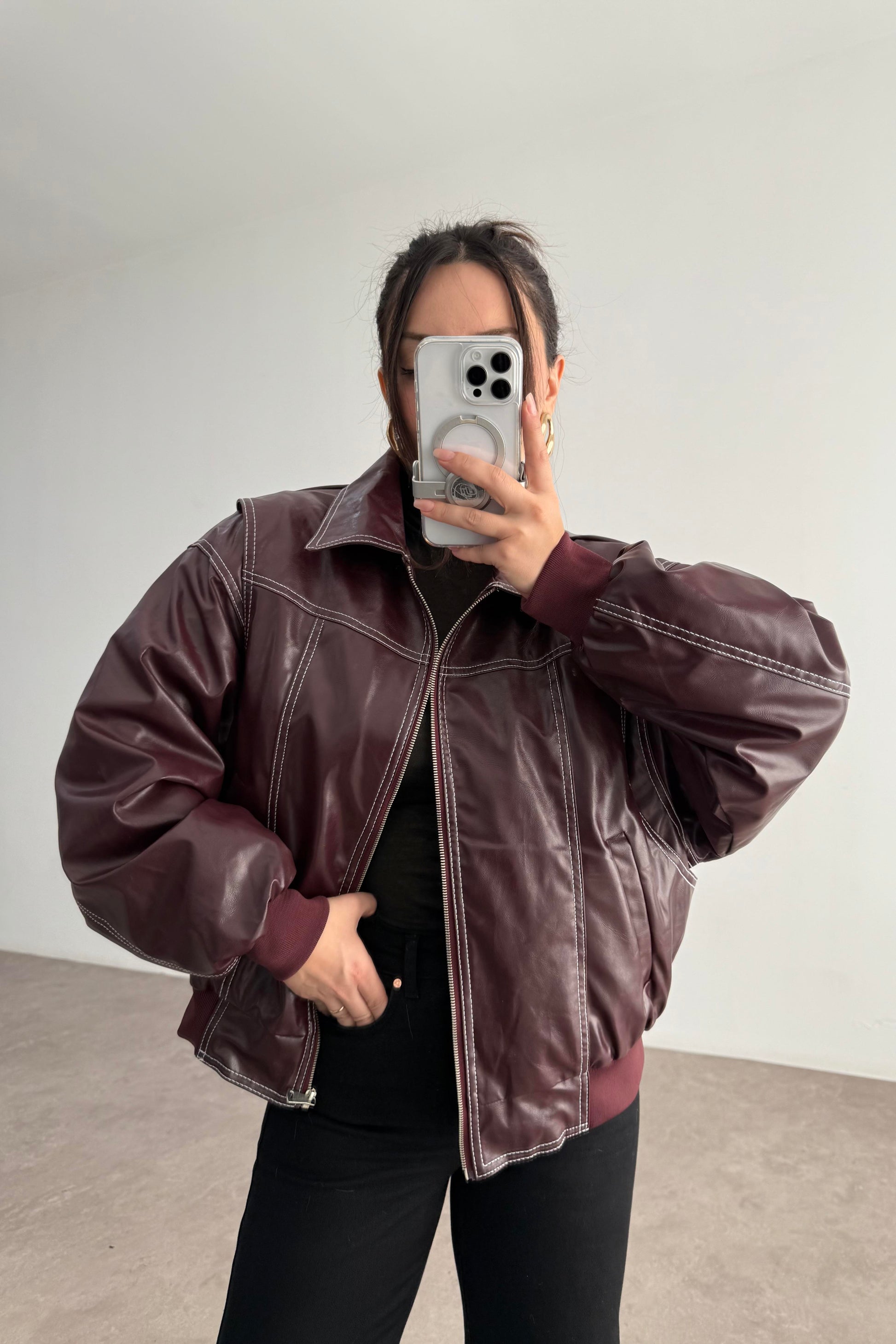 Premium Dikiş Detaylı Bomber Deri Bordo Mont