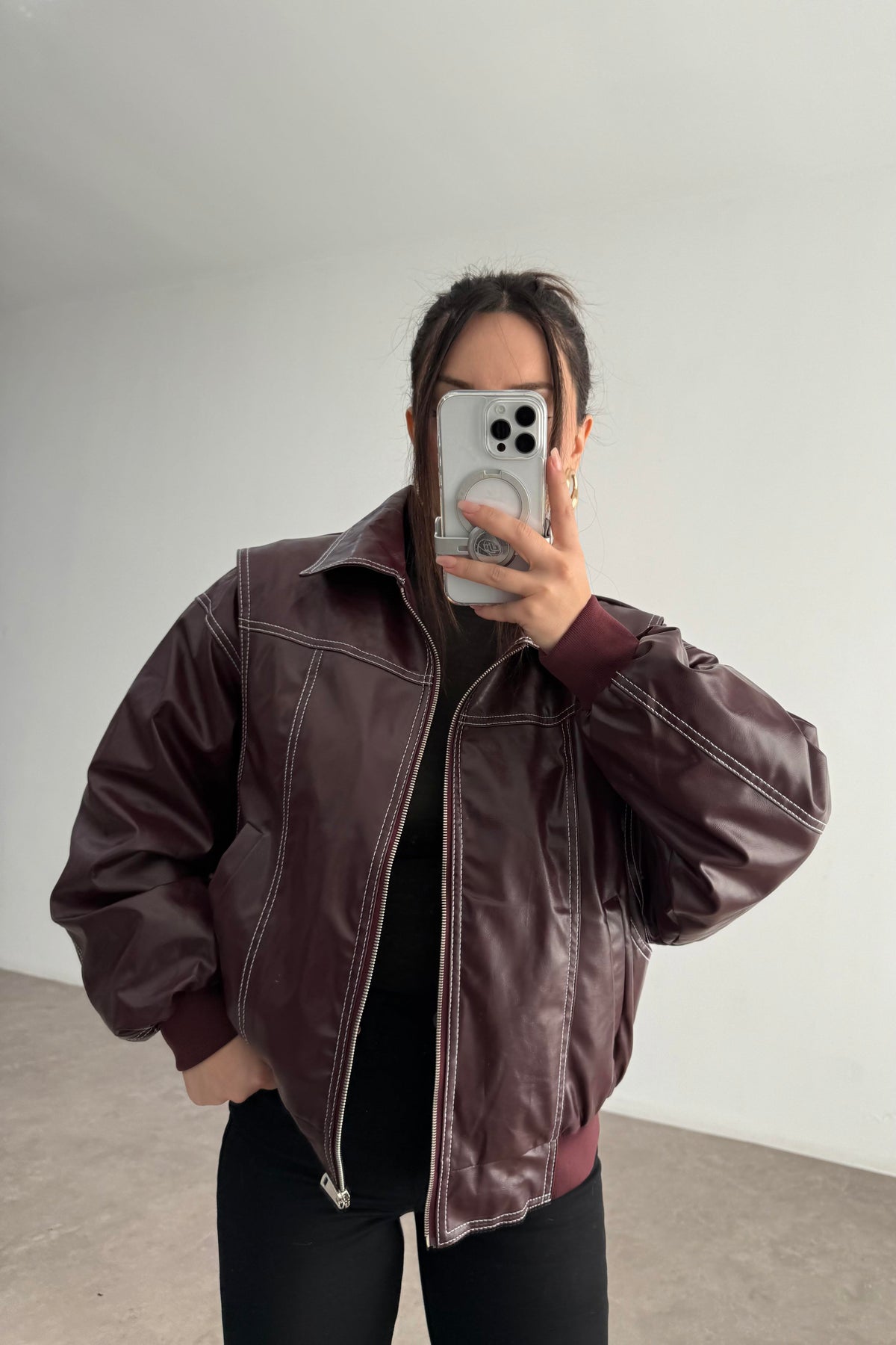 Premium Dikiş Detaylı Bomber Deri Bordo Mont