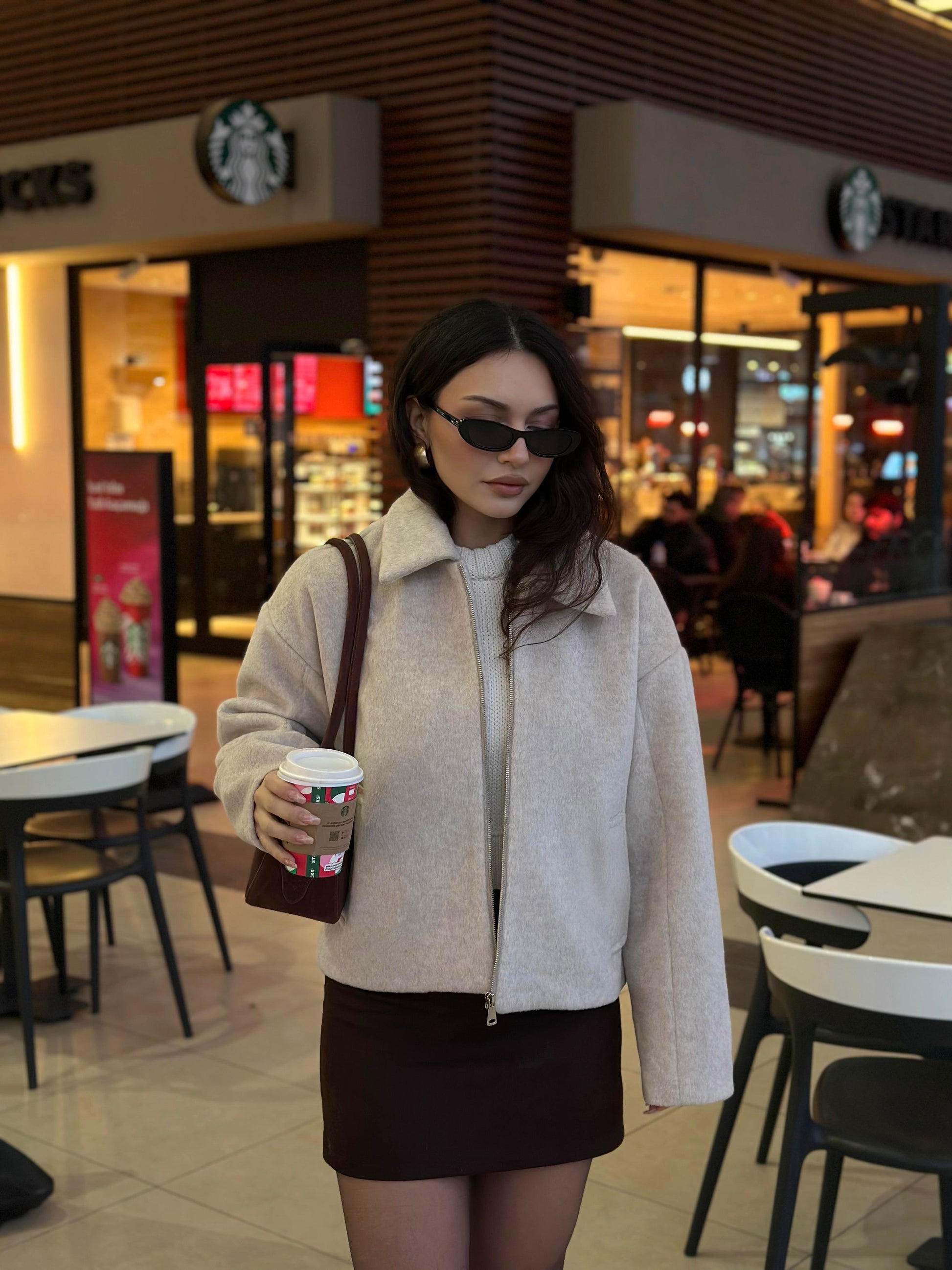 Premium Dokulu Kaşe Yakalı Ekru Ceket
