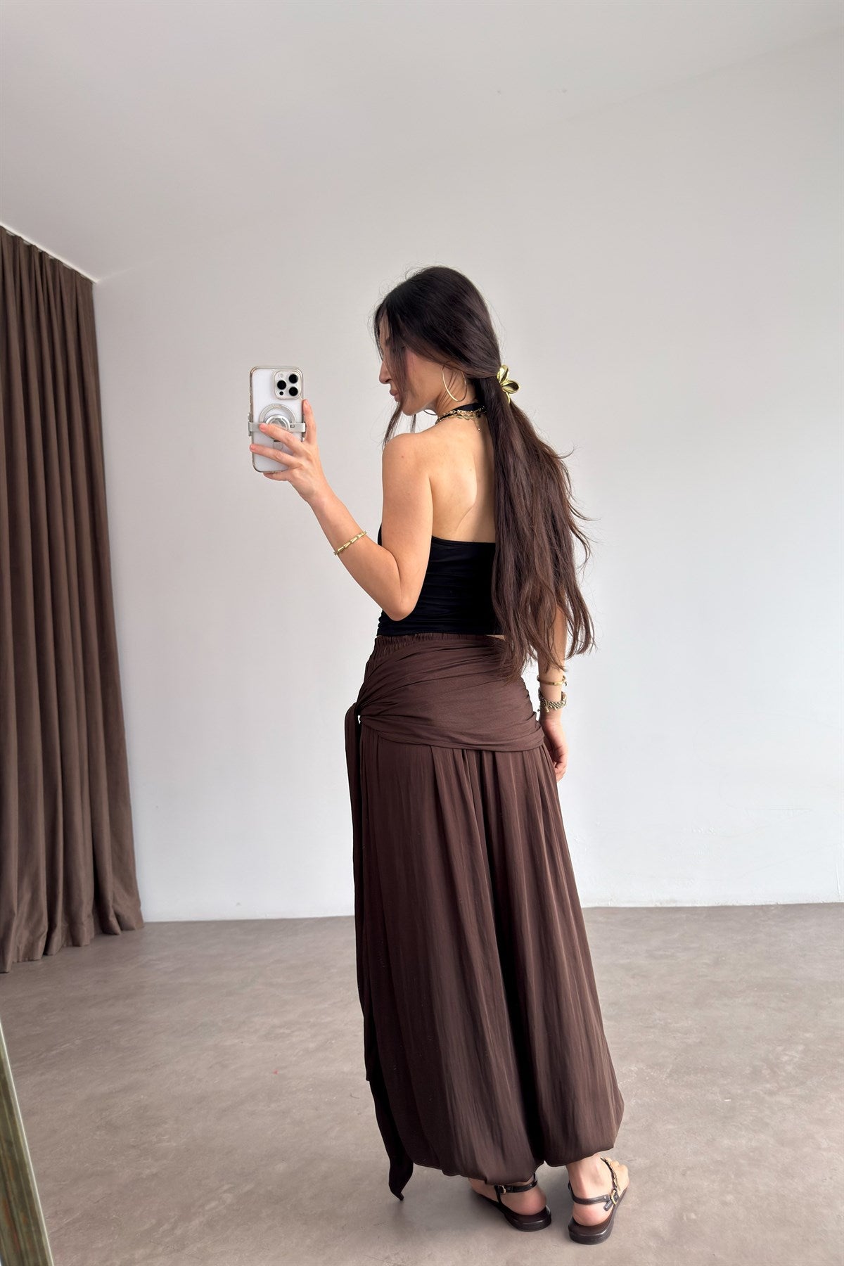 Premium Dökümlü Bağlamalı Detaylı Kahve Şalvar Pantolon