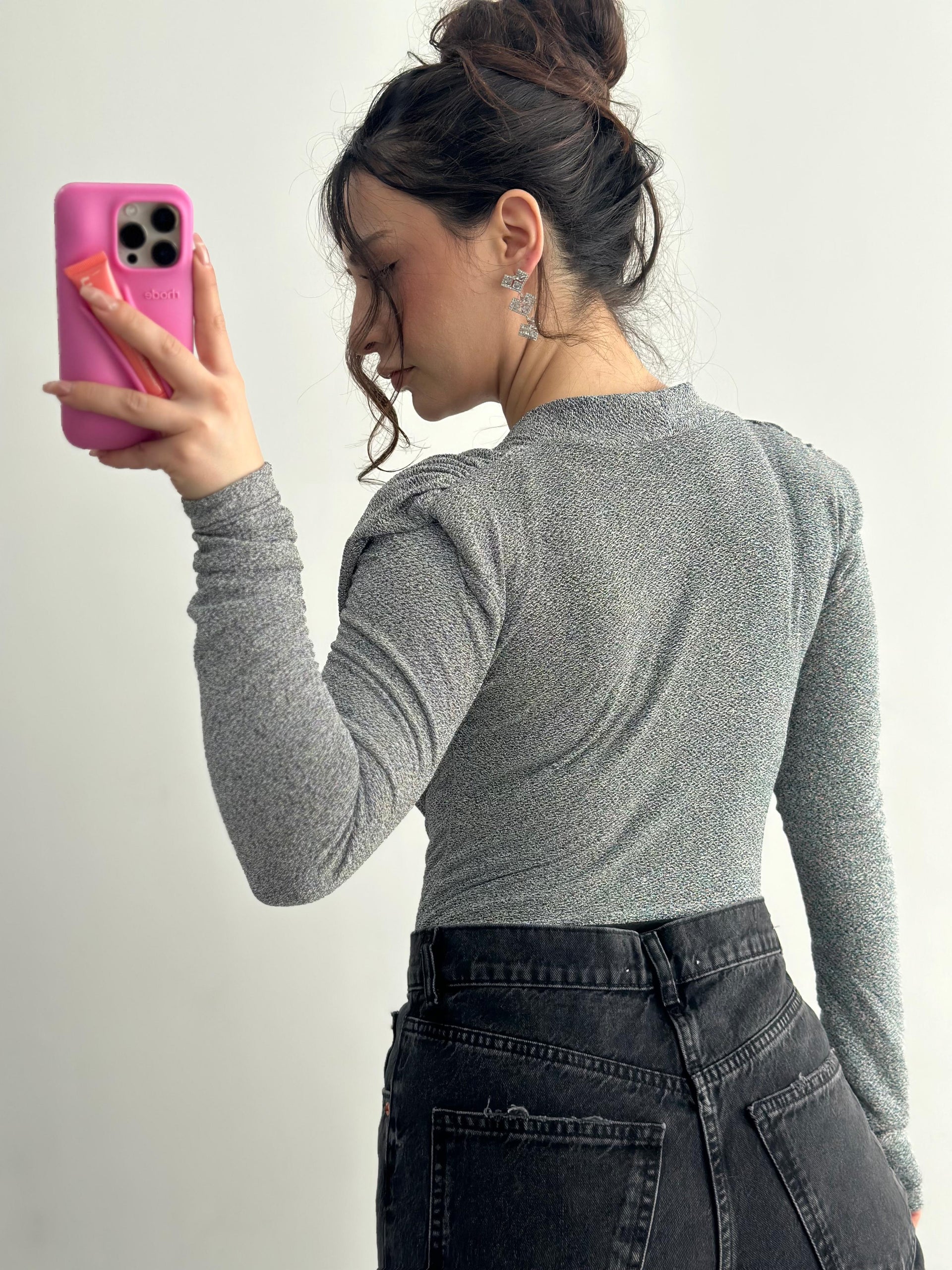 Premium Drapeli Işıltılı Gri Bodysuit