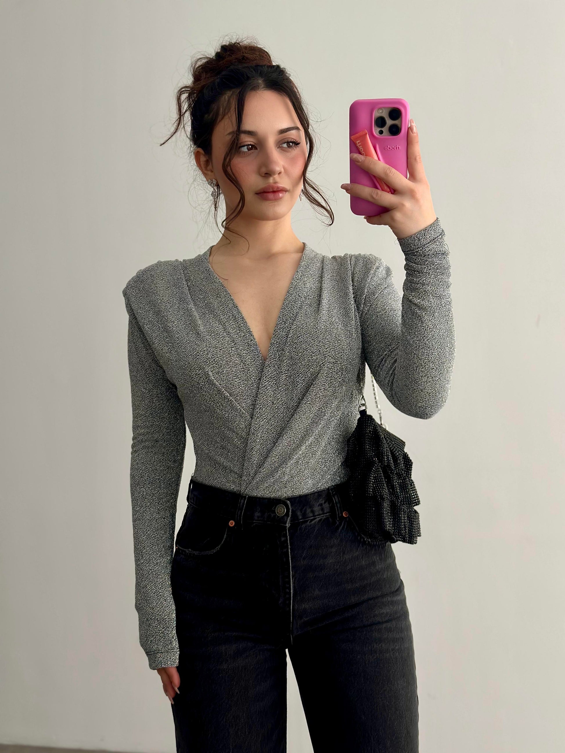 Premium Drapeli Işıltılı Gri Bodysuit