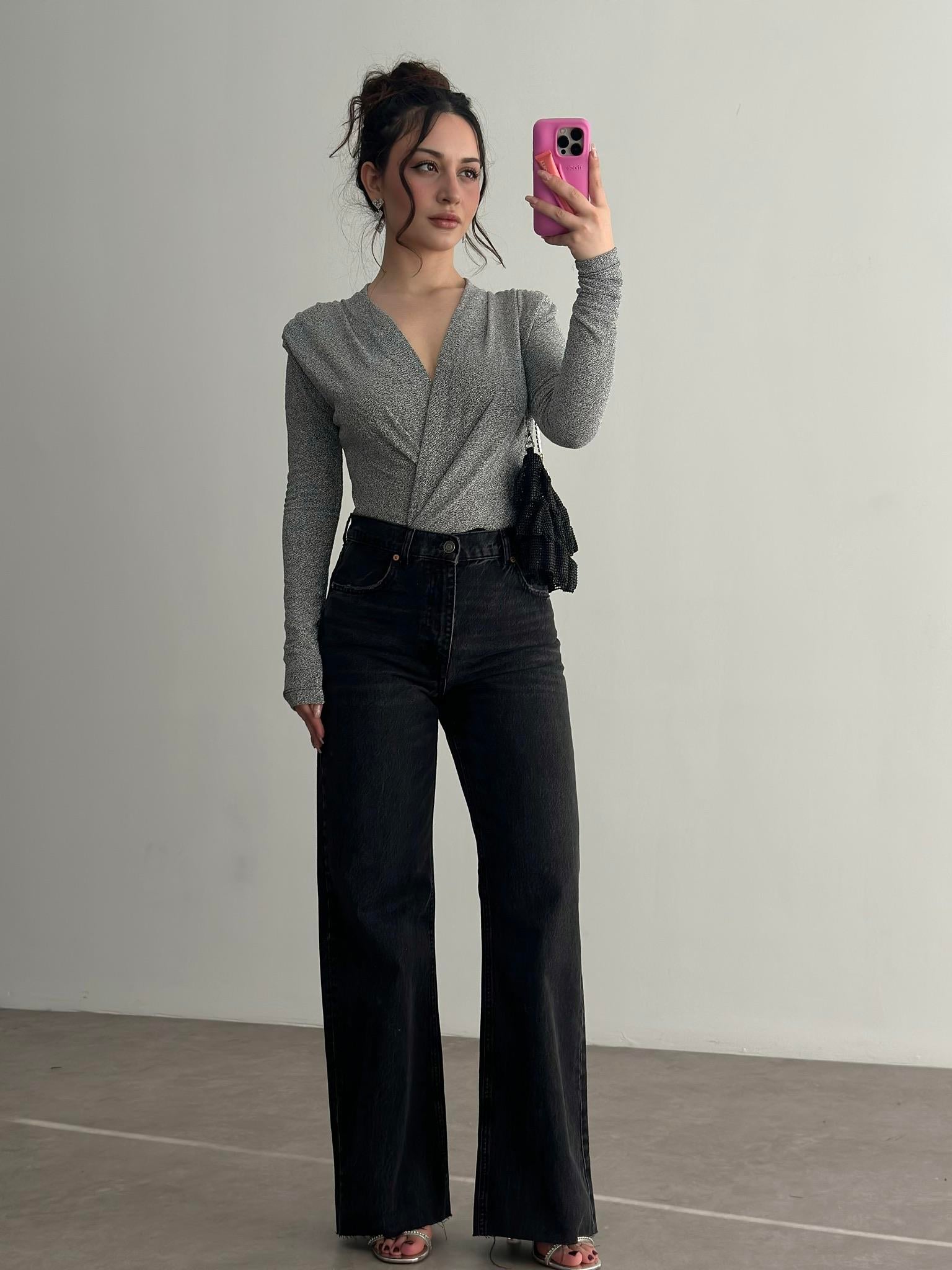 Premium Drapeli Işıltılı Gri Bodysuit