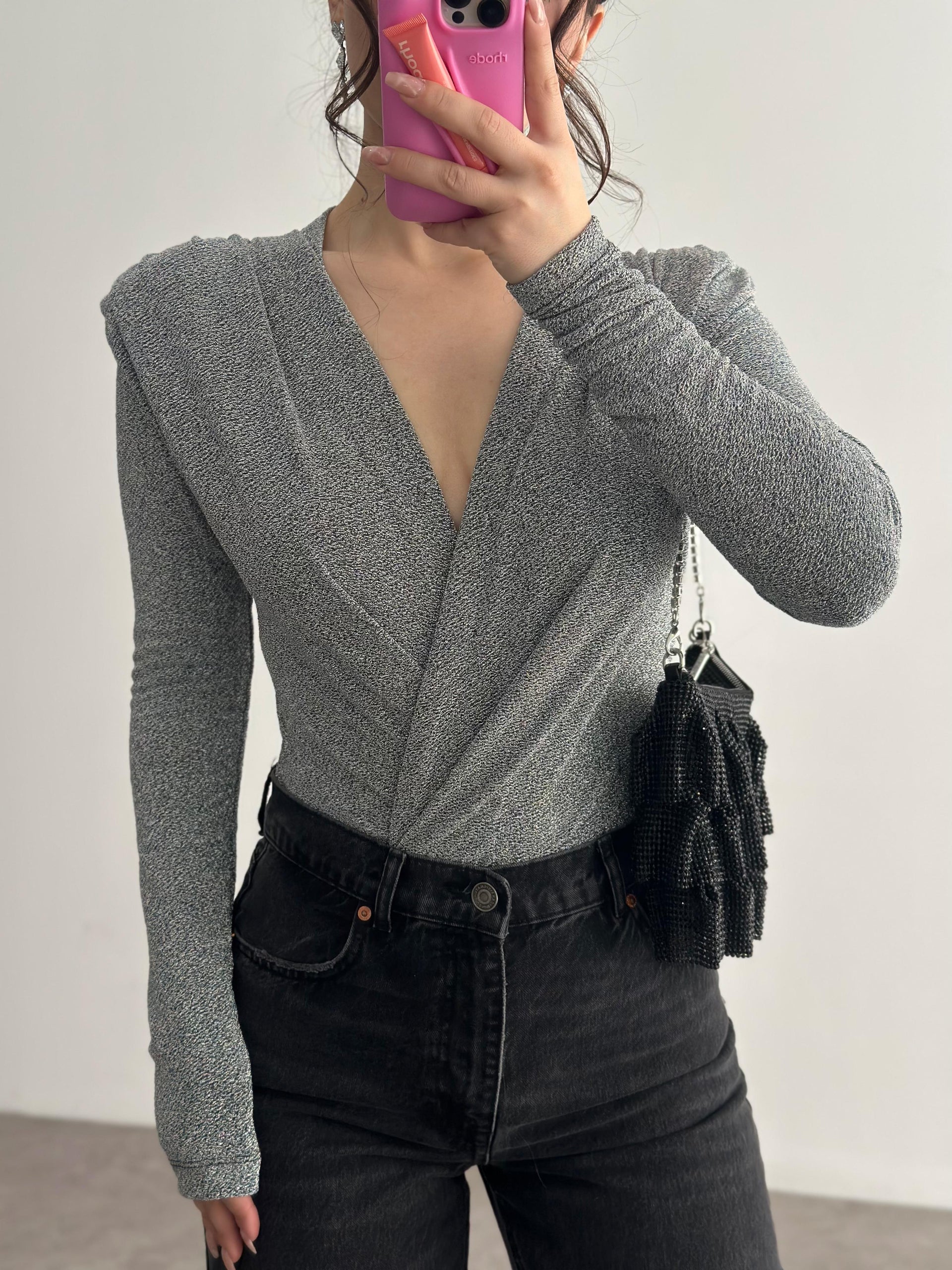 Premium Drapeli Işıltılı Gri Bodysuit