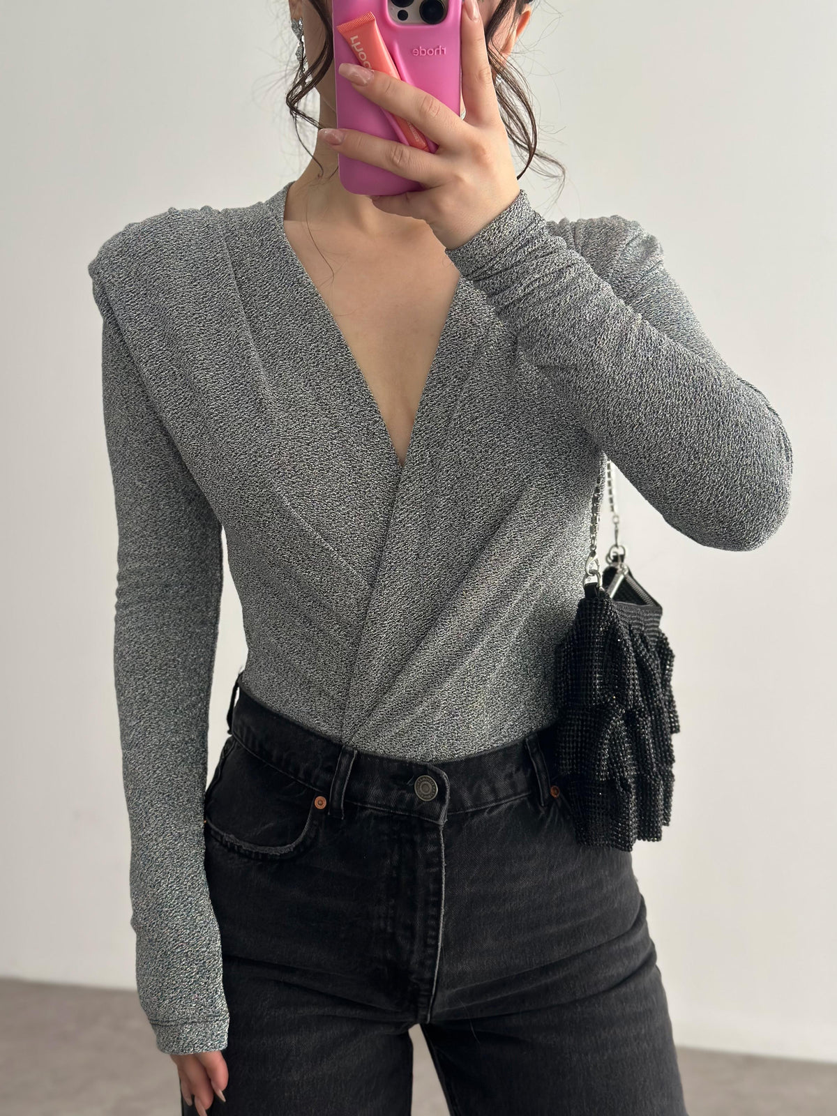 Premium Drapeli Işıltılı Gri Bodysuit