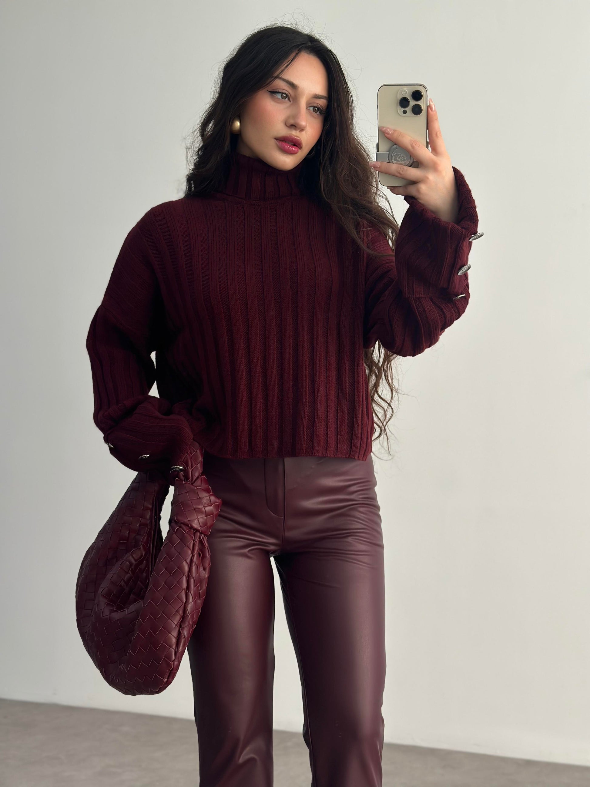 Premium Düğme Detaylı Bordo Kazak