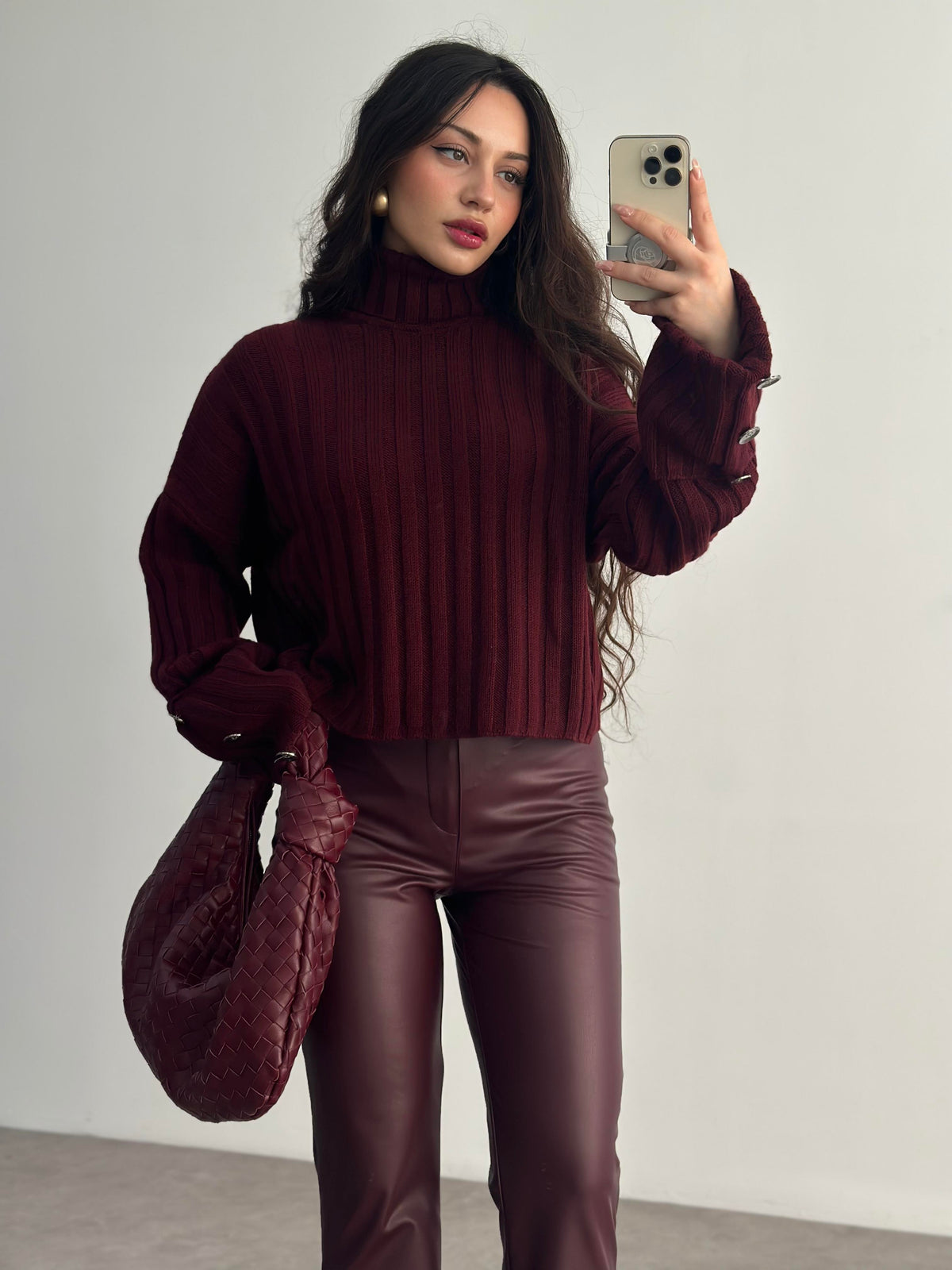 Premium Düğme Detaylı Bordo Kazak