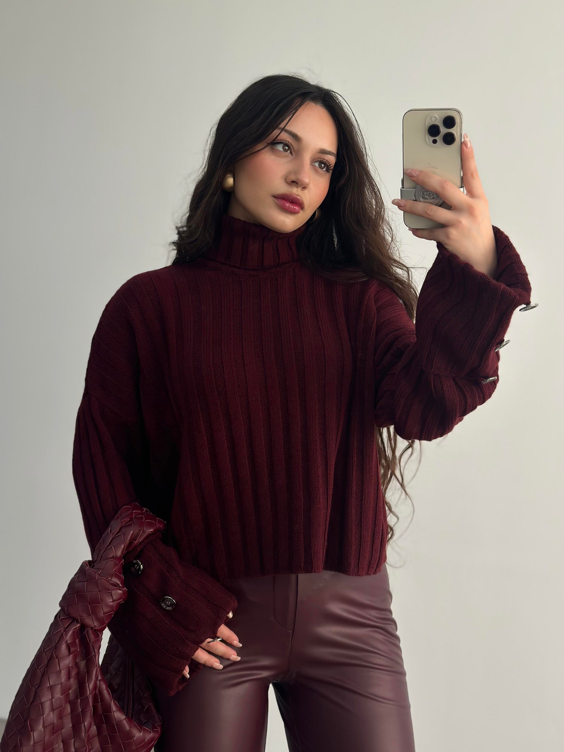 Premium Düğme Detaylı Bordo Kazak