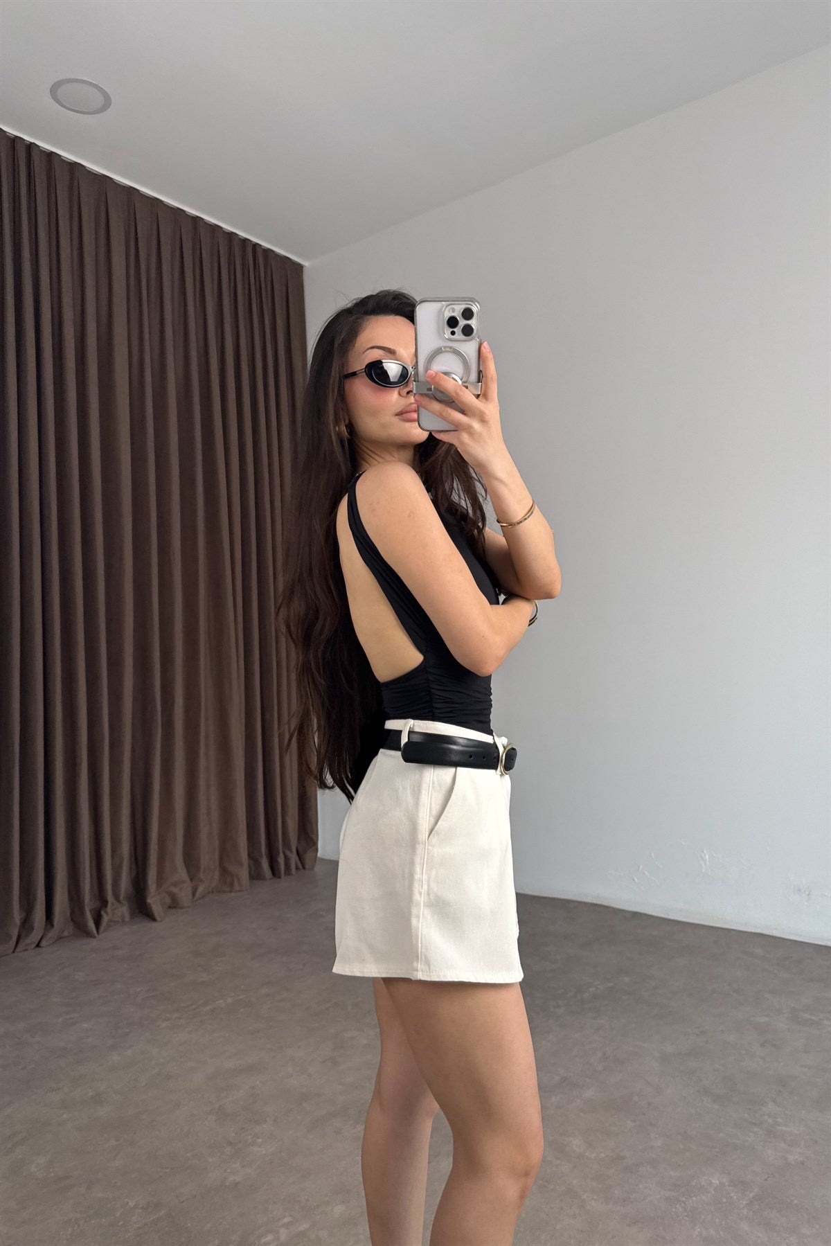 Premium Pileli Kısa Ekru Denim Şort