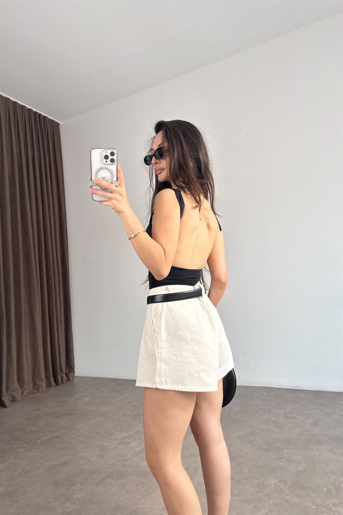 Premium Pileli Kısa Ekru Denim Şort