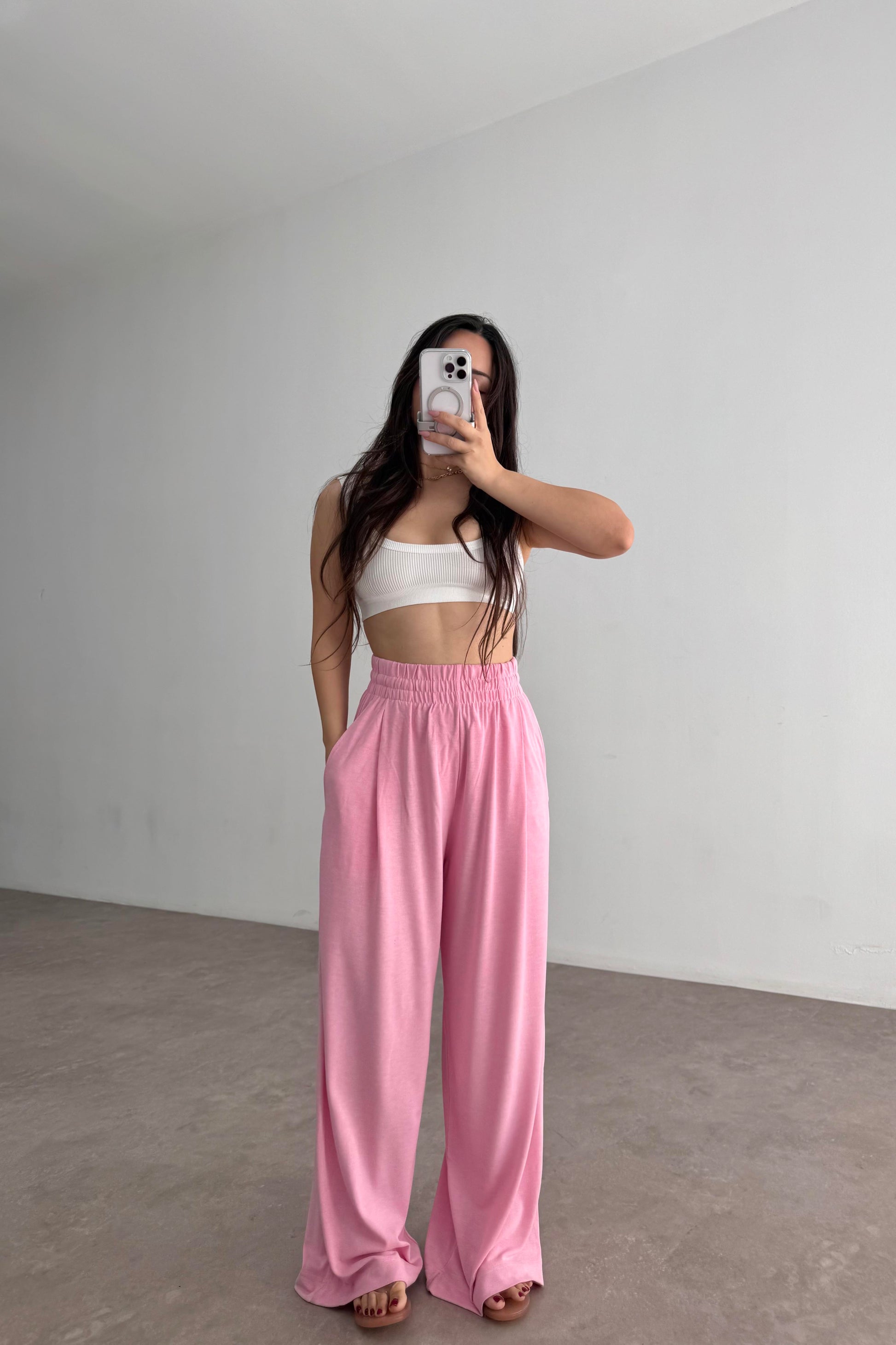 Premium Geniş Kemerli Pileli Pantolon Pink