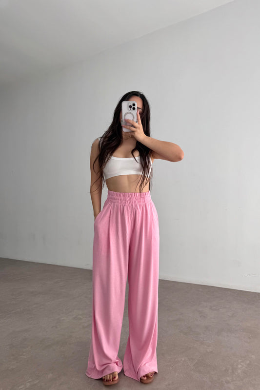 Premium Geniş Kemerli Pileli Pantolon Pink