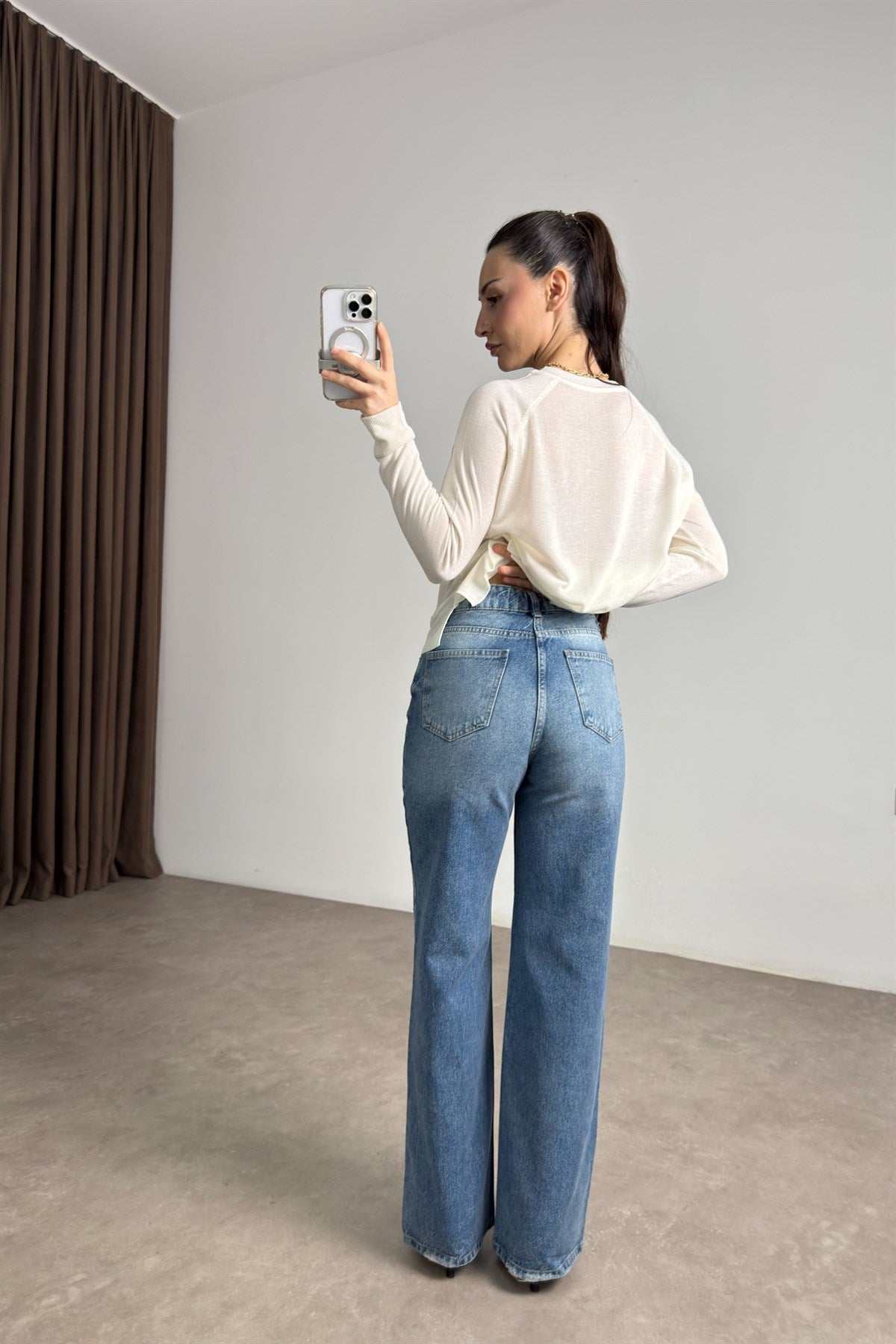 Premium Geometrik Taş İşlemeli Mavi Jean