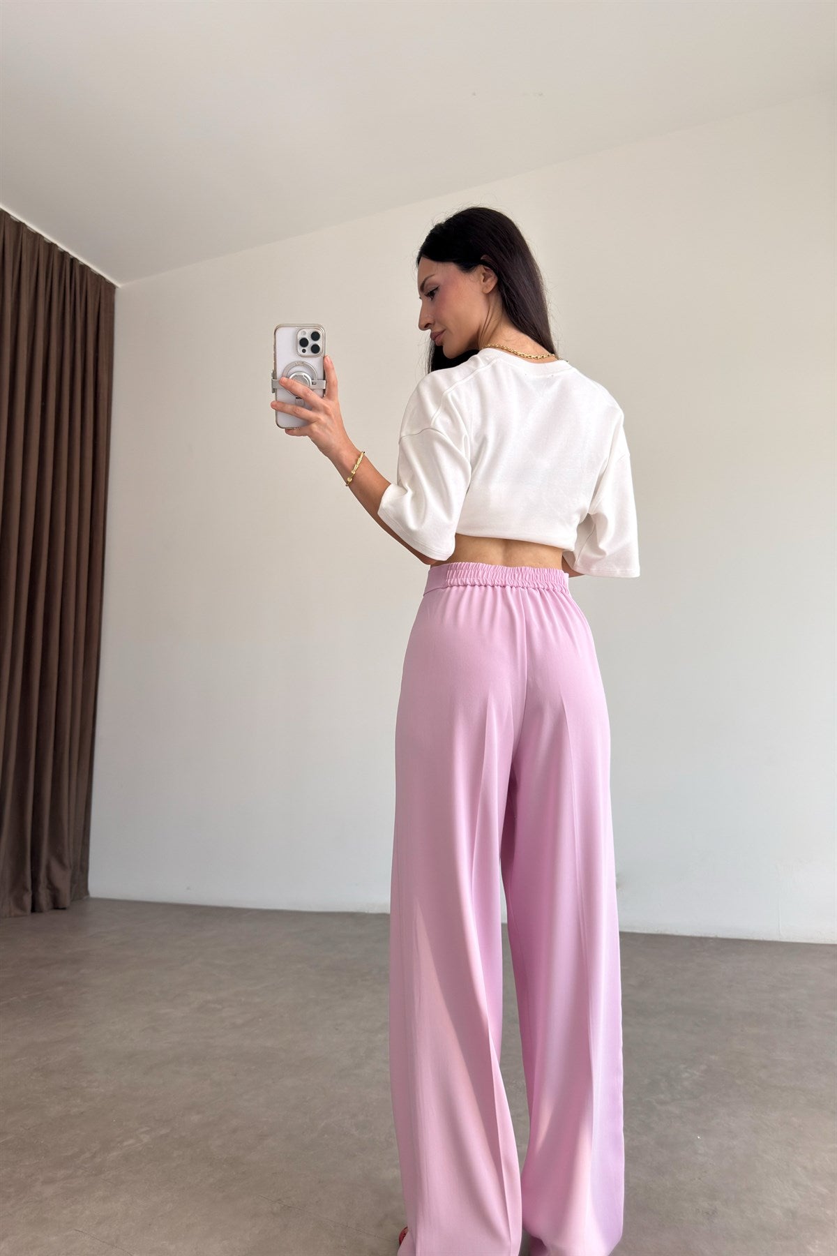 Premium Gold Düğmeli Pembe Palazzo Pantolon