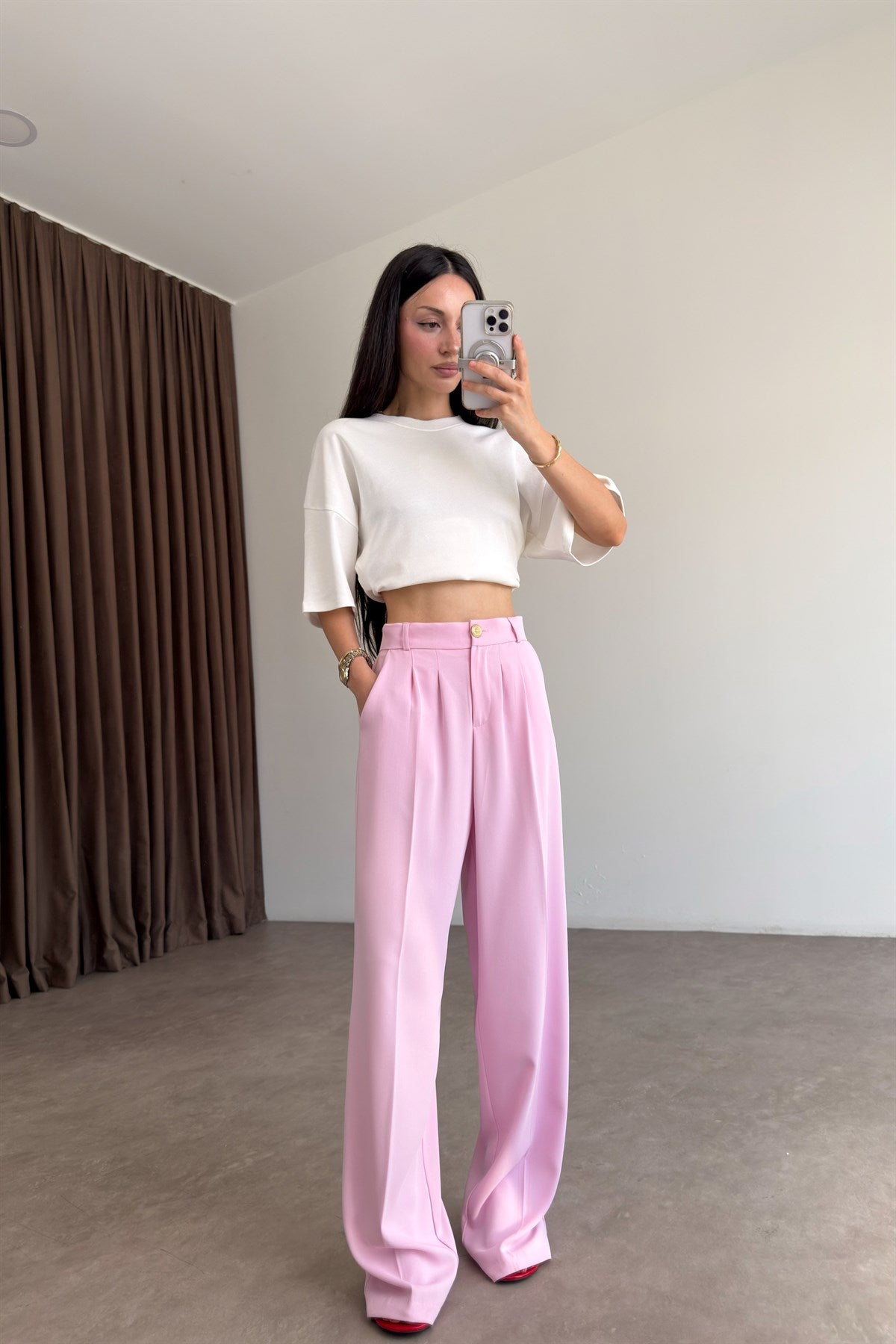 Premium Gold Düğmeli Pembe Palazzo Pantolon