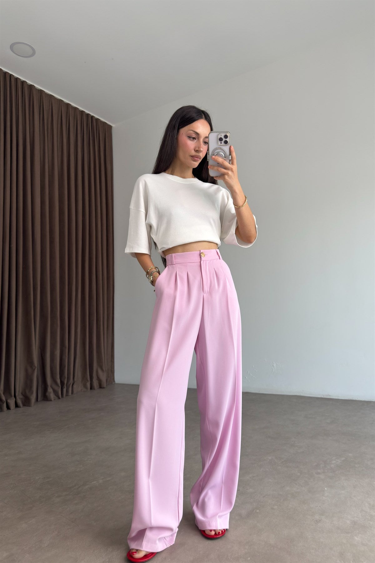 Premium Gold Düğmeli Pembe Palazzo Pantolon