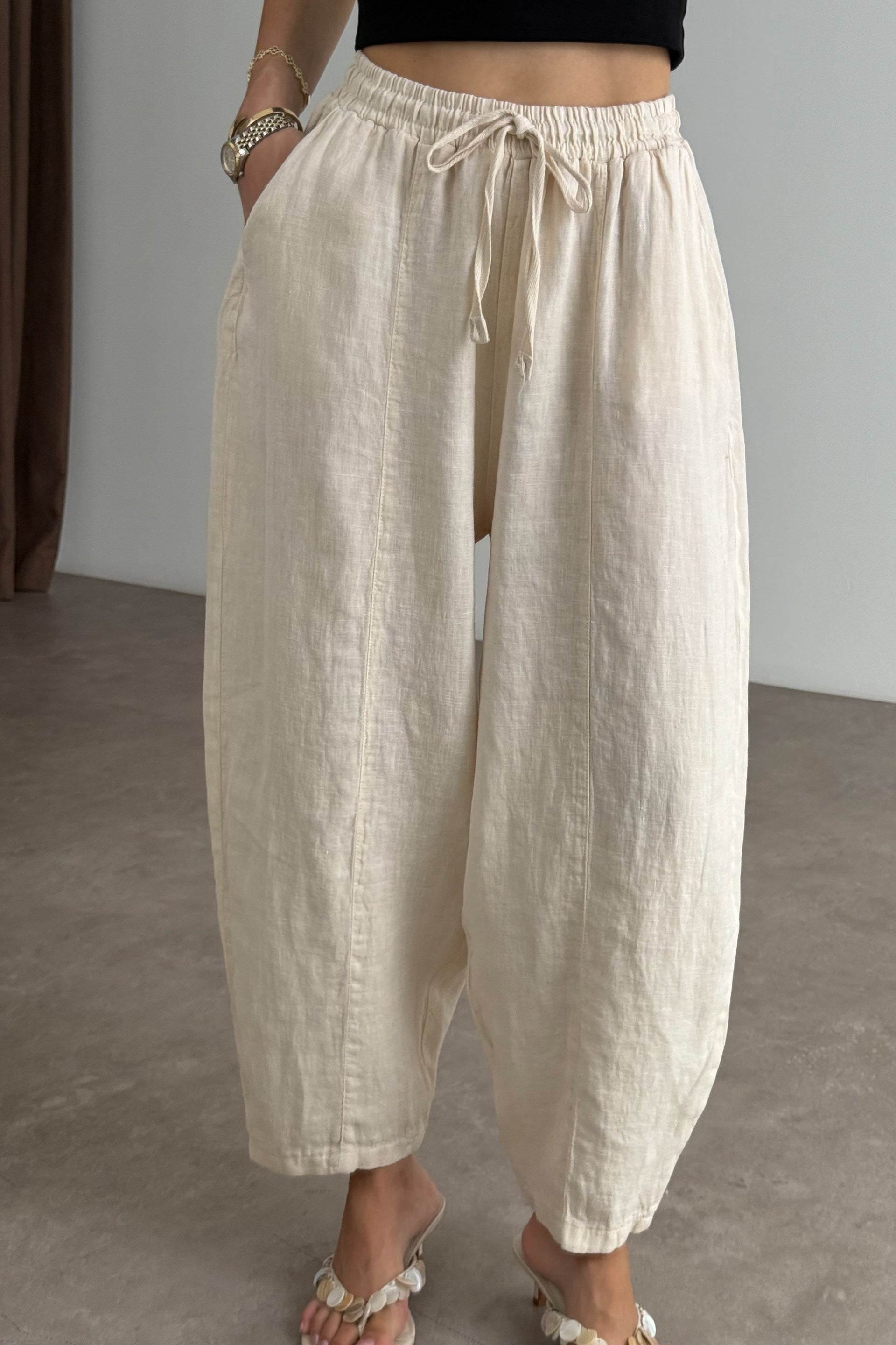 Premium Gramajlı Keten Ekru Balon Pantolon