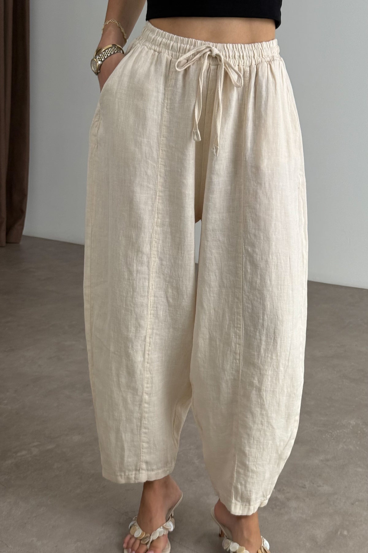 Premium Gramajlı Keten Ekru Balon Pantolon