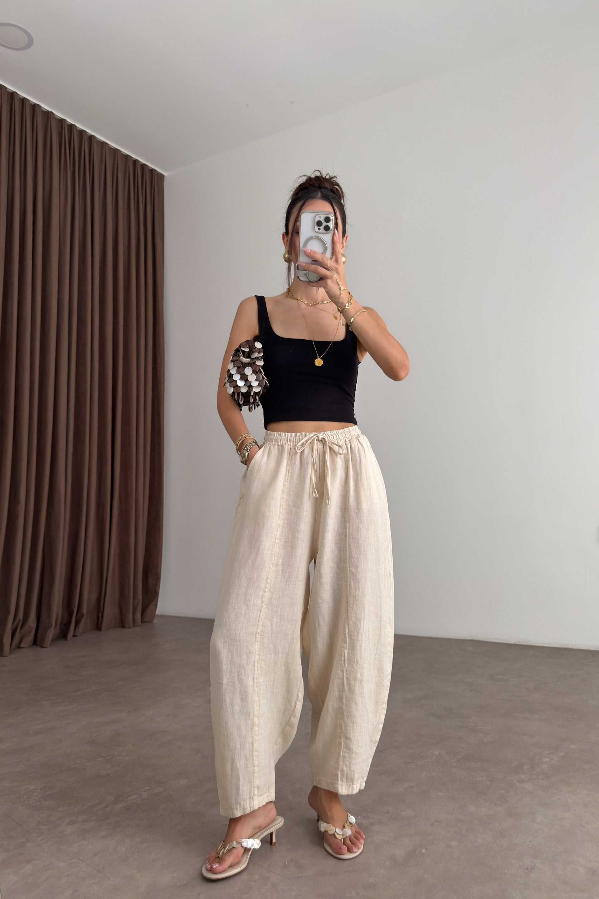 Premium Gramajlı Keten Ekru Balon Pantolon