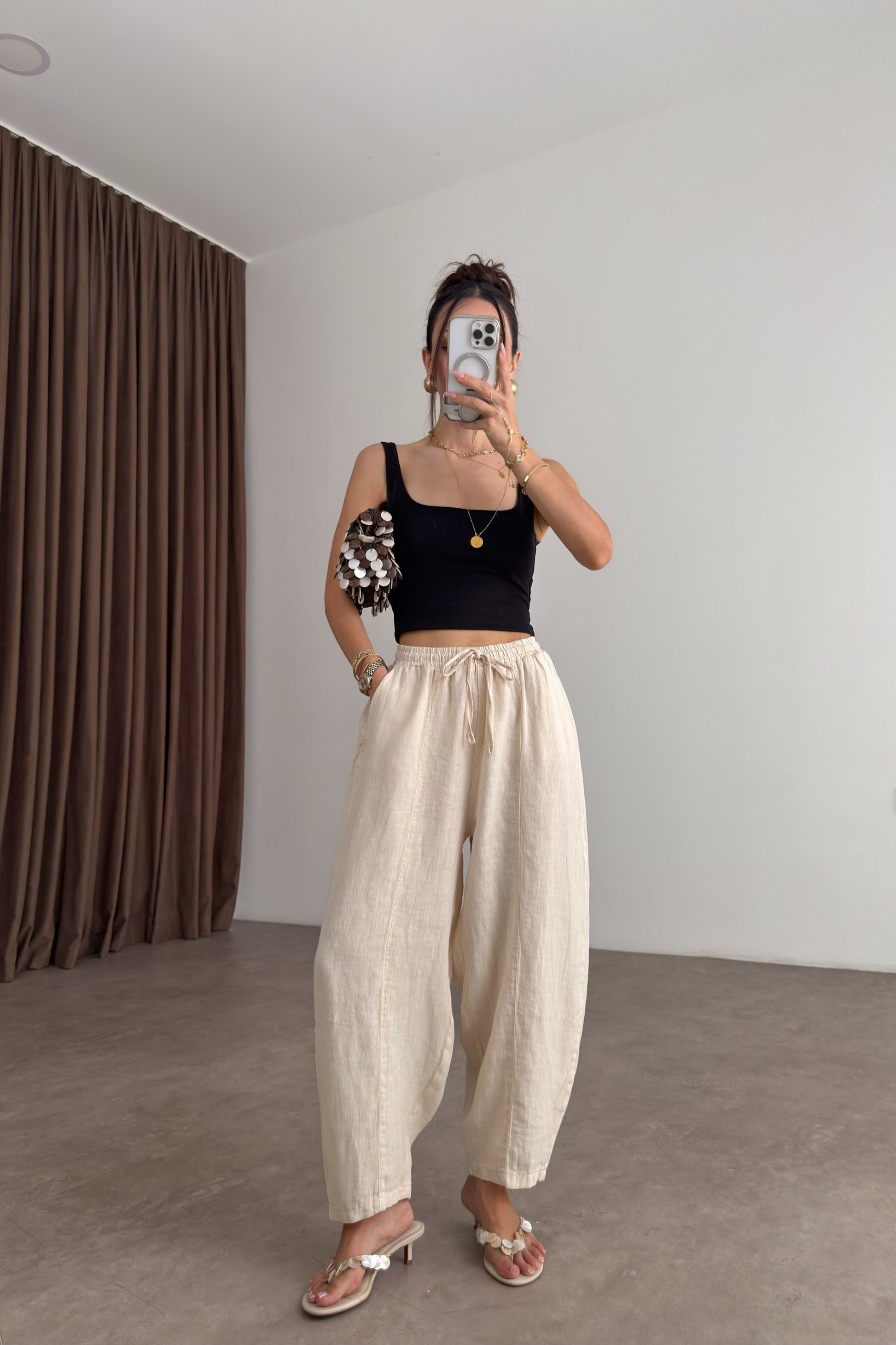 Premium Gramajlı Keten Ekru Balon Pantolon