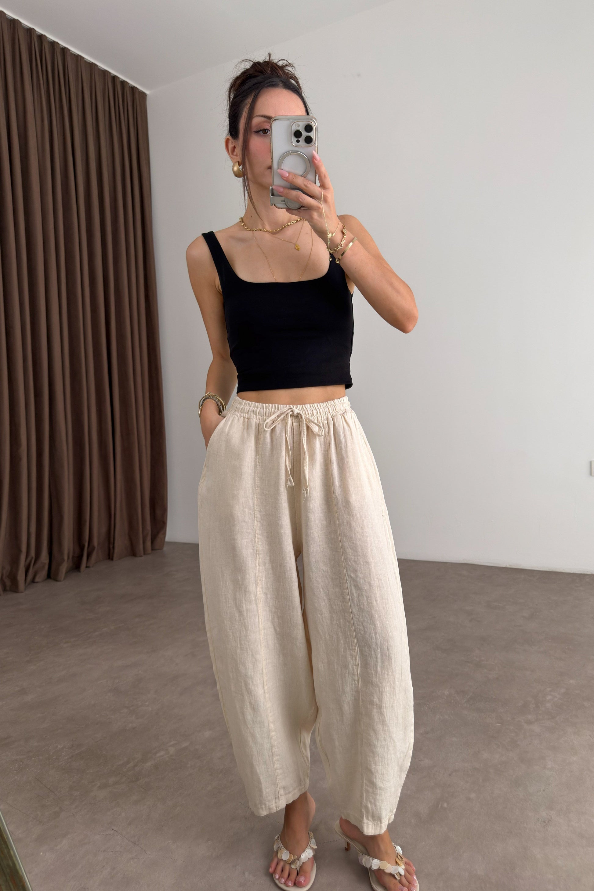 Premium Gramajlı Keten Ekru Balon Pantolon
