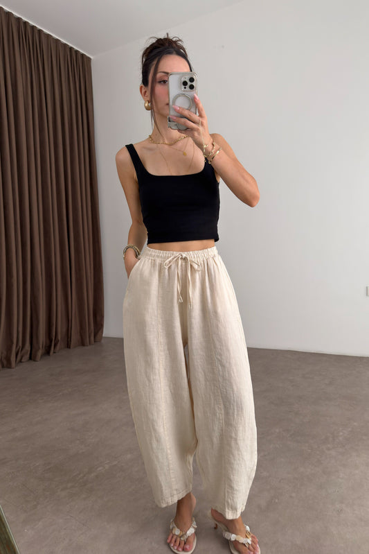 Premium Gramajlı Keten Ekru Balon Pantolon